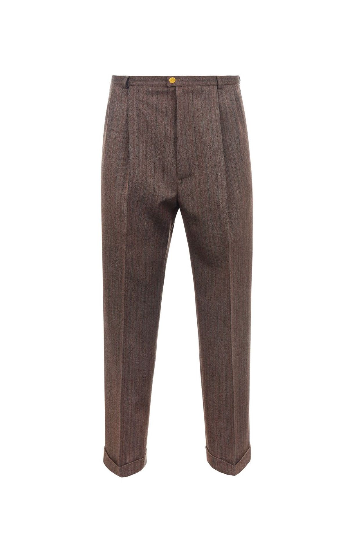 Image of Gucci Pleated Straight Leg Brown Herringbone Wool Trousers, Men's (Size 34)