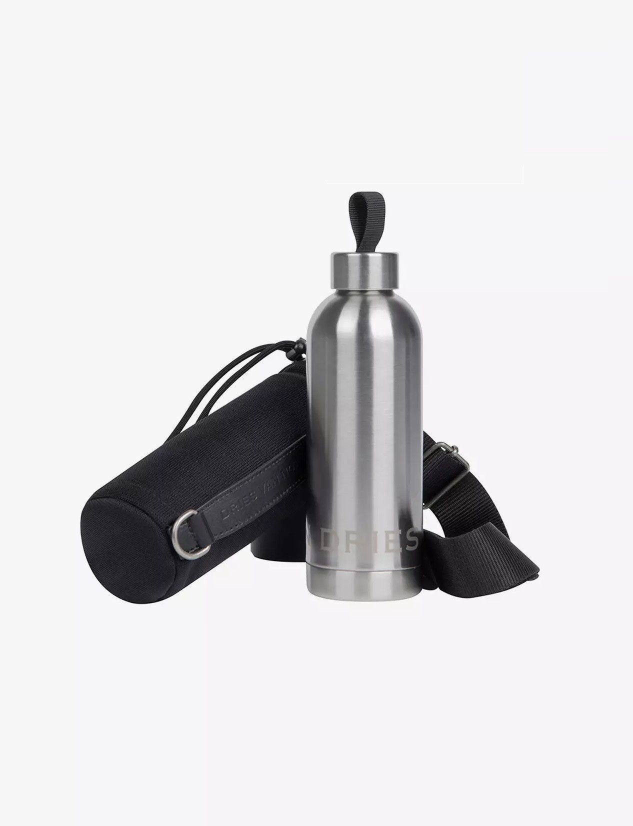 image of Dries Van Noten Stainless Steel Water Bottle & Holder in Black Silver, Men's