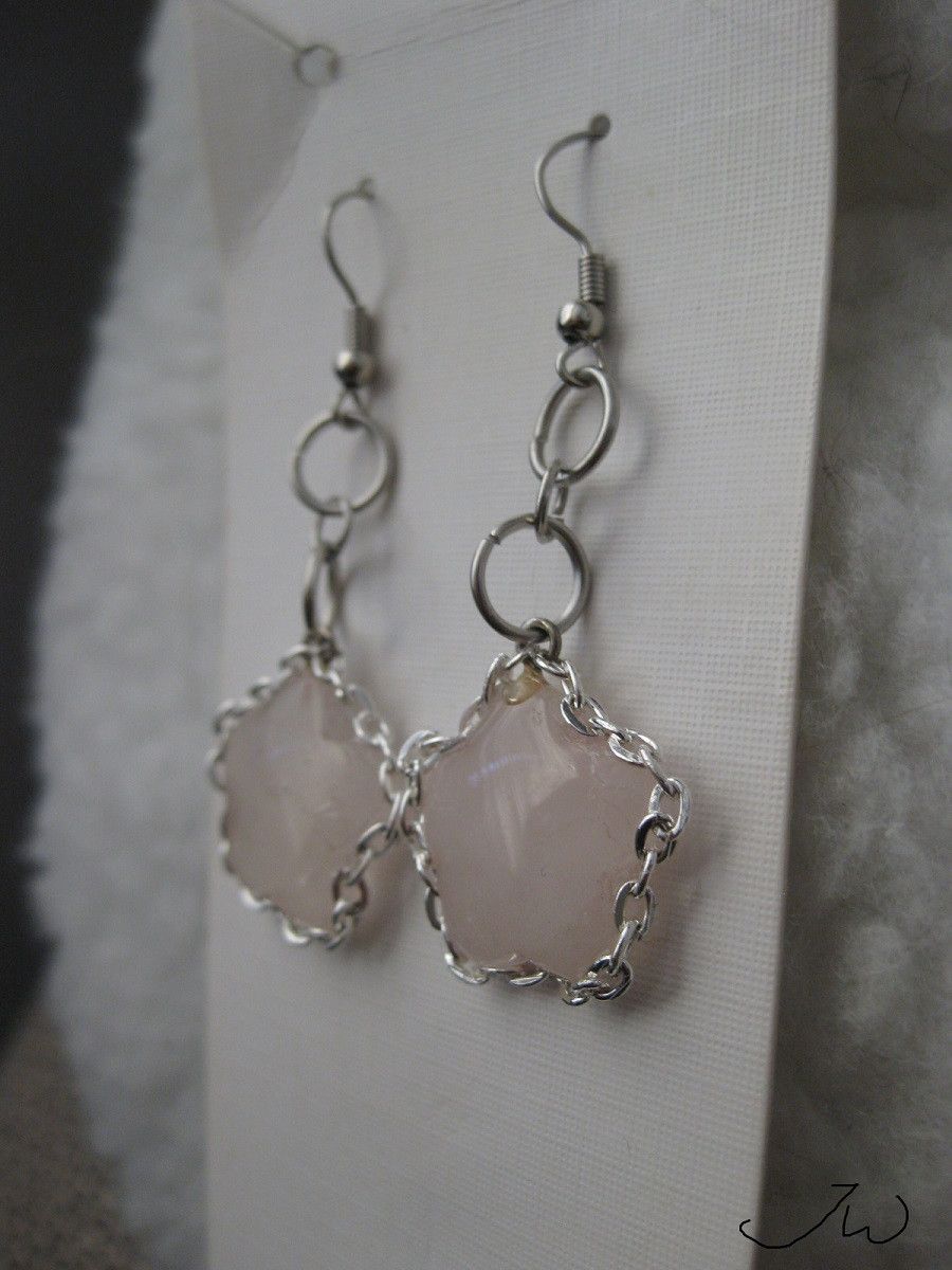 Handmade Rose quartz Stainless Steel Earrings with Silver chain Size ONE SIZE - 2 Thumbnail
