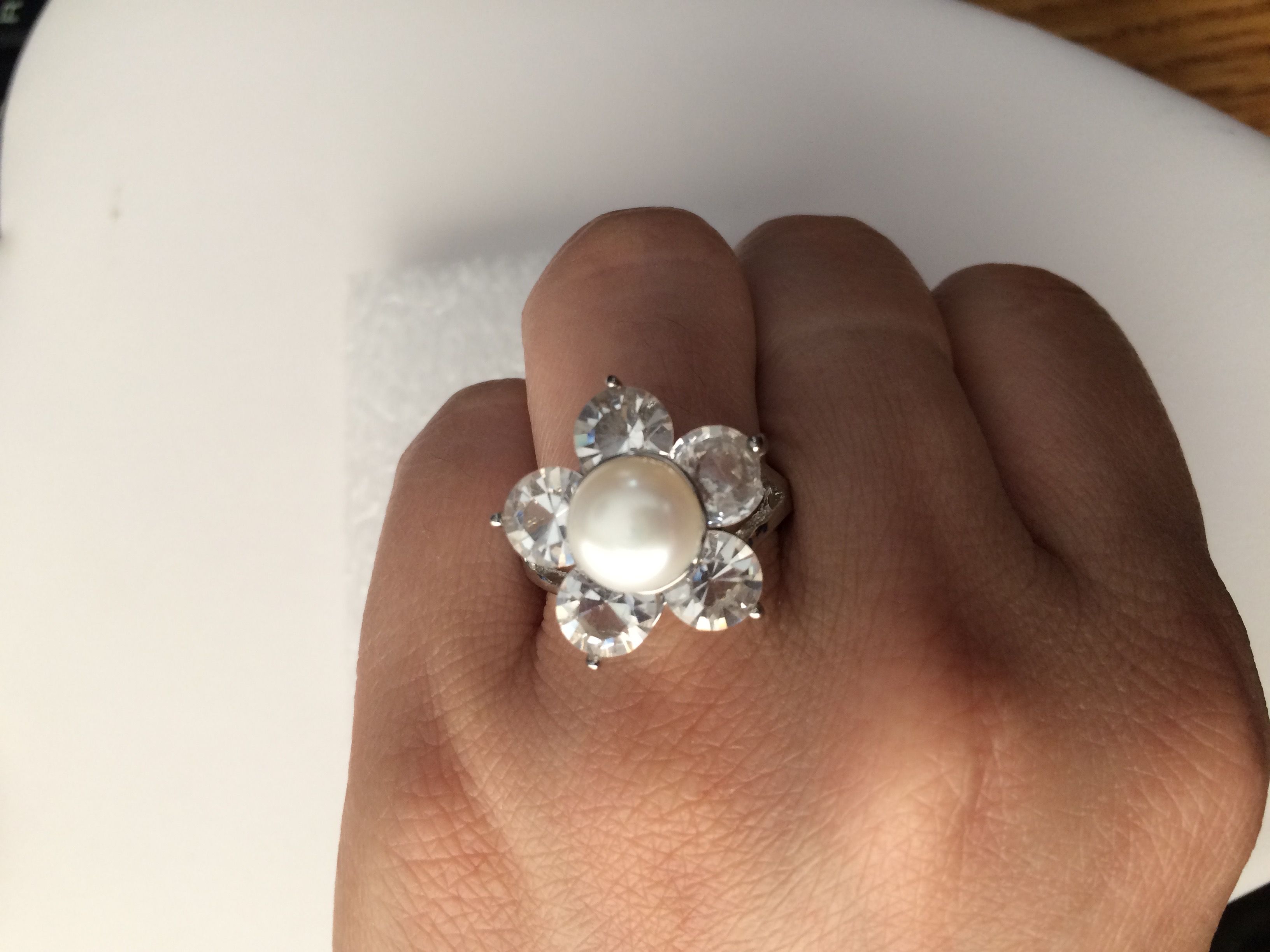 Silver White Pearl Bead Ring with CZs - Size 8.5 Size ONE SIZE - 3 Thumbnail