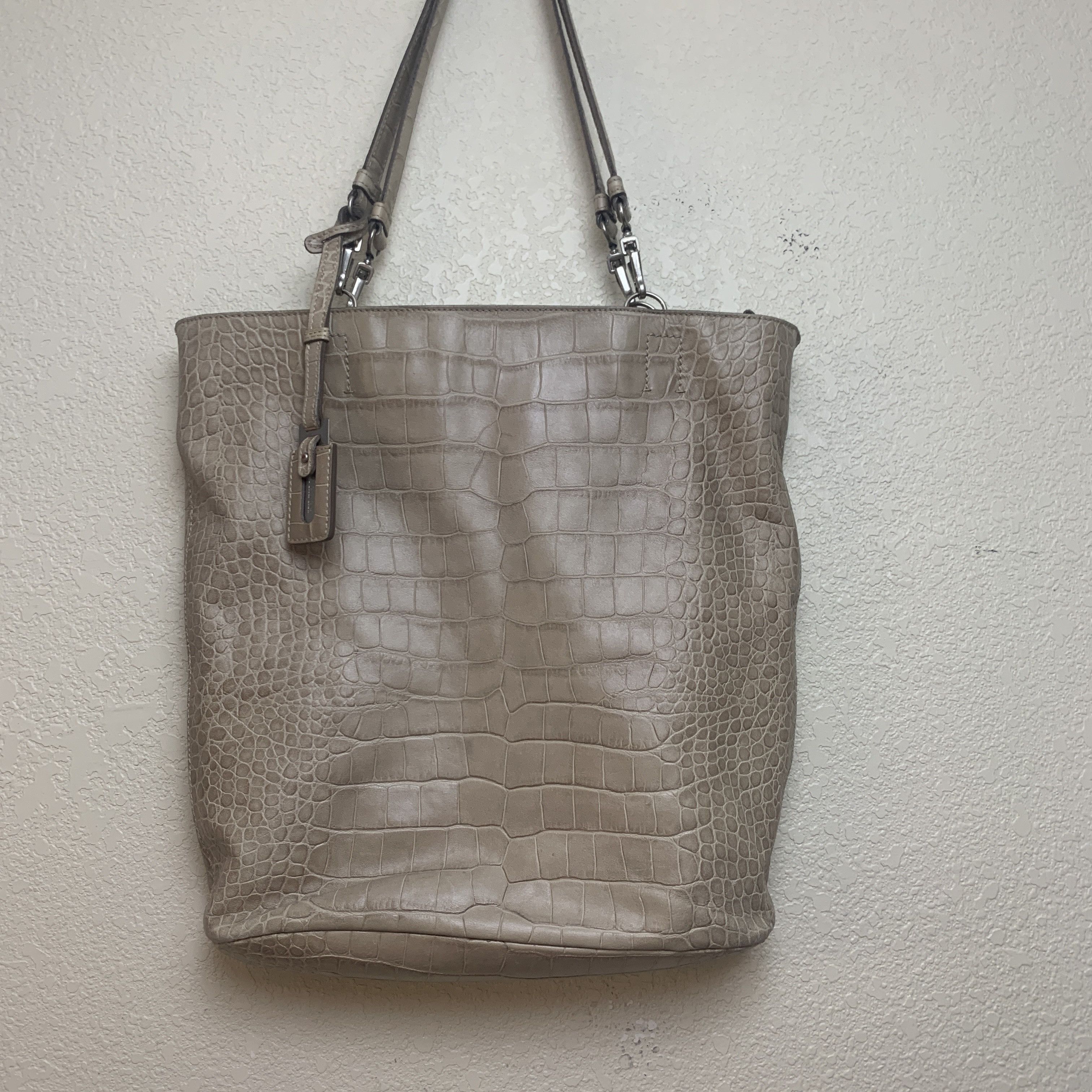 Max Mara Large Beige Croc Embossed Leather Tote Hobo Bag