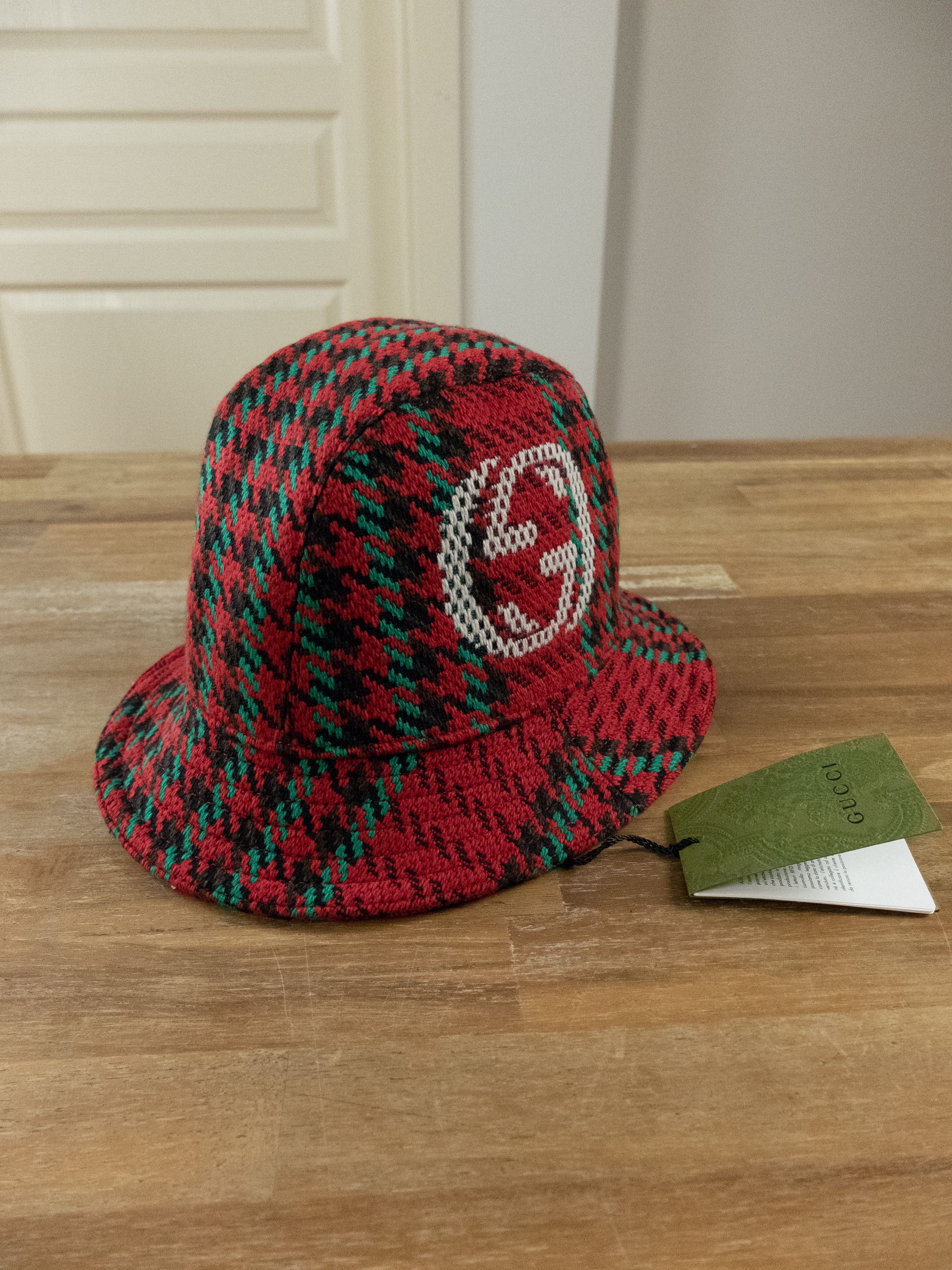 image of Gucci Red Green GG Logo Houndstooth Wool Fedora Bucket Hat, Men's