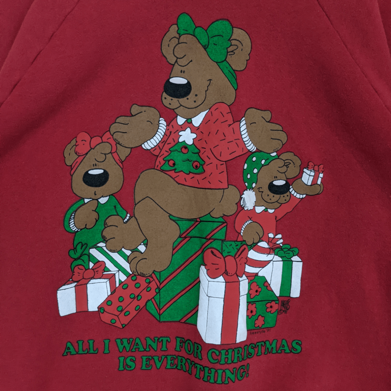 Fruit Of The Loom Vintage 1991 FOTL Christmas Teddy Bear Jumper Sweatshirt Size US L / EU 52-54 / 3 - 5 Thumbnail