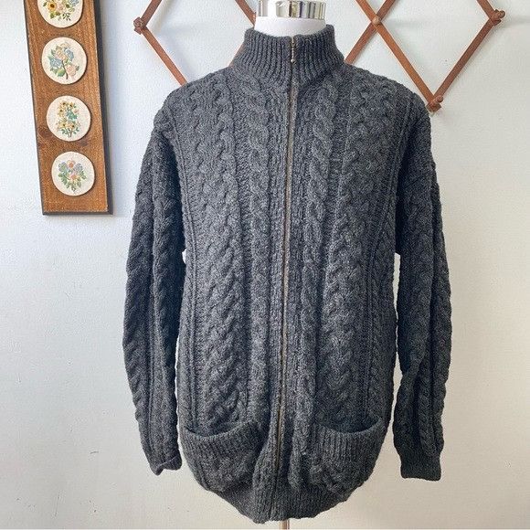 image of Vintage Carraig Donn Irish Wool Full Zip Cable Knit Sweater in Grey, Men's (Size 2XL)