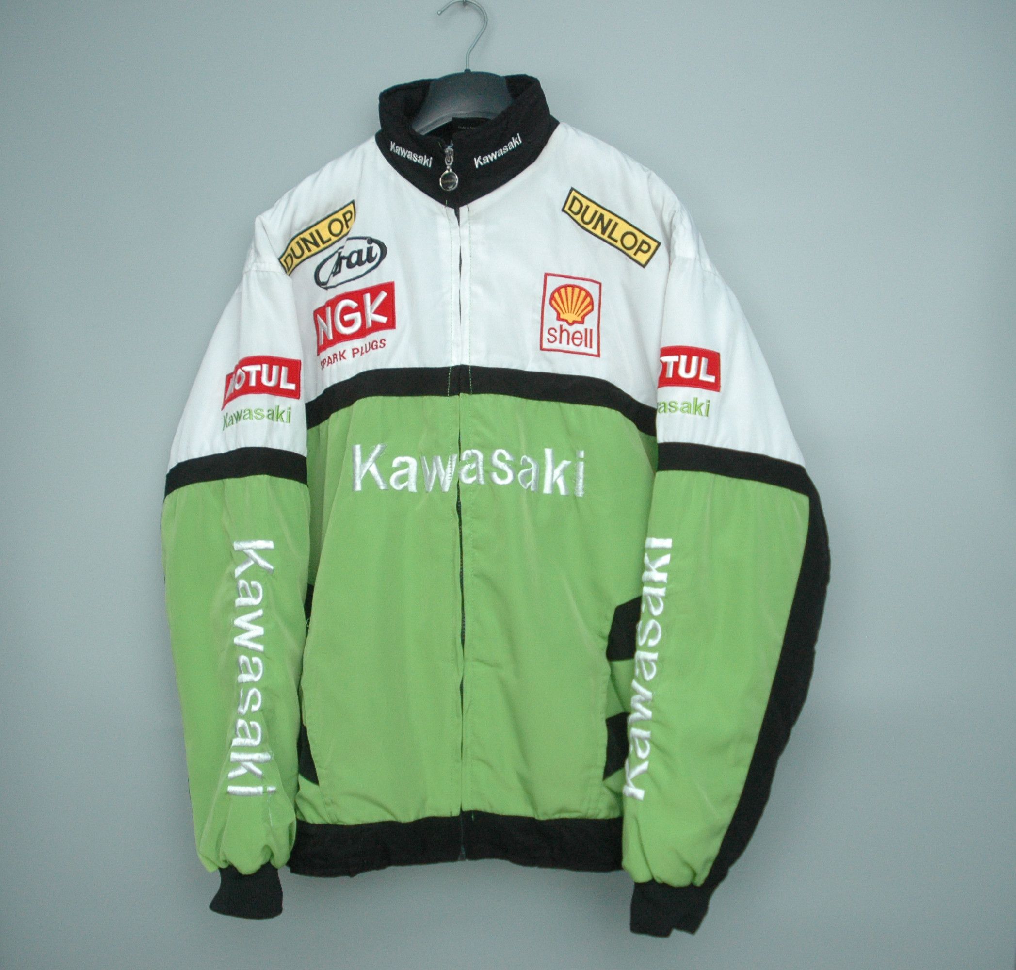 image of Vintage Kawasaki Motorcycle Racing Team Light Jacket in Green White, Men's (Size 2XL)