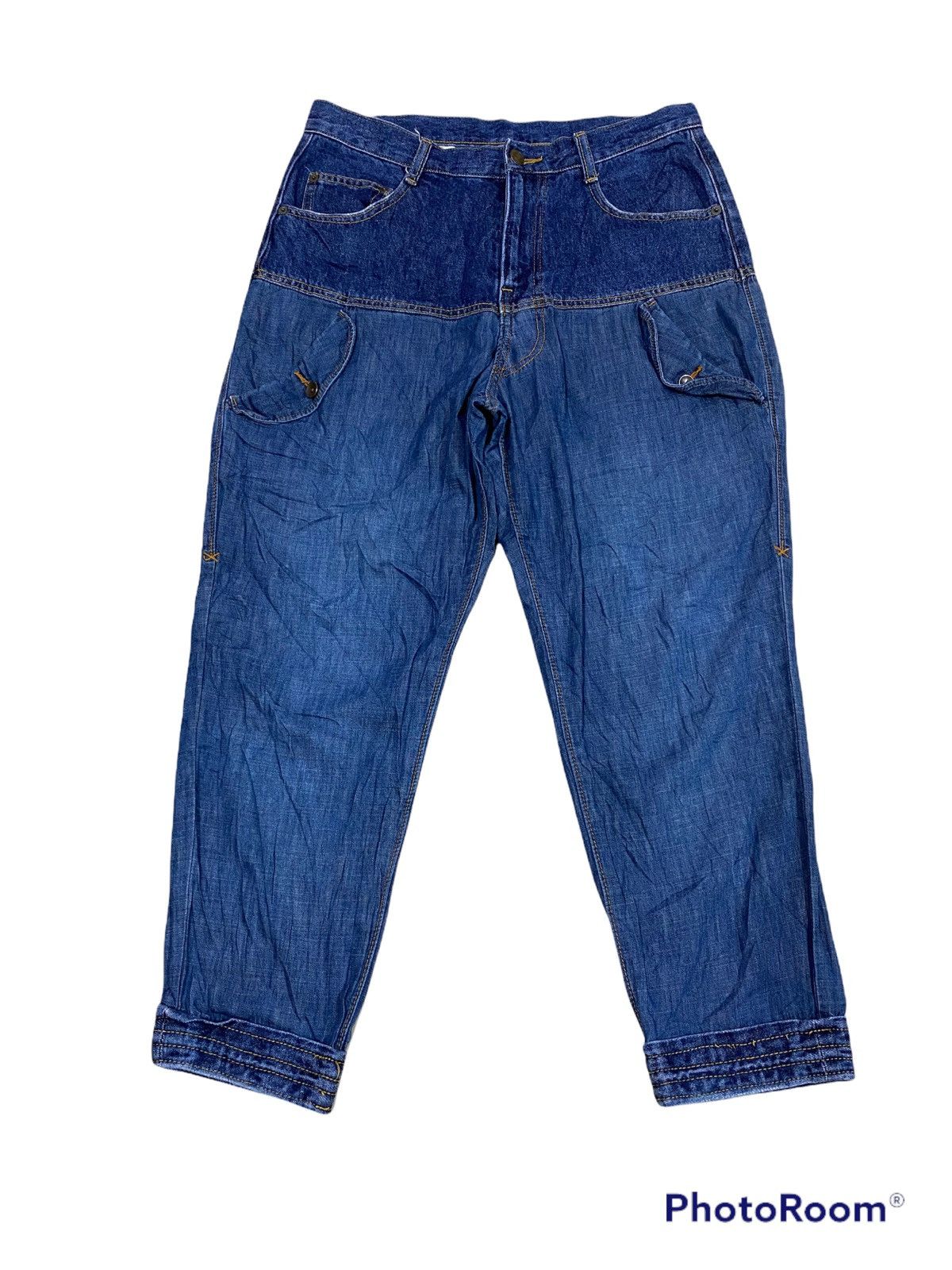 image of Vintage Issey Miyake Frapbois Drop Crotch Crop Denim Pants in Blue, Men's (Size 31)
