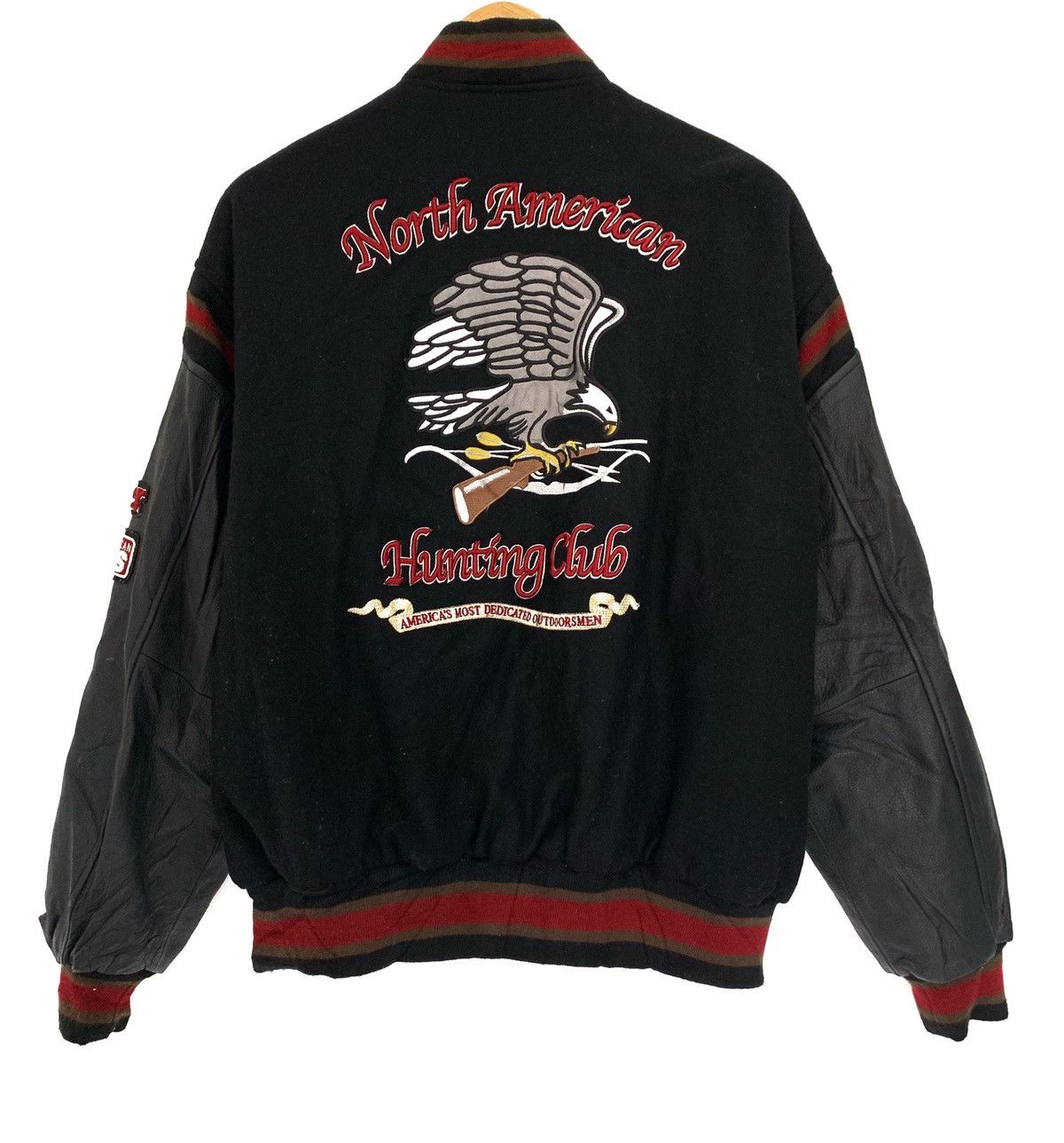 image of Sukajan Souvenir Jacket x Varsity Jacket VTG American Eagles Varsity Leather Jacket in Black (Size 