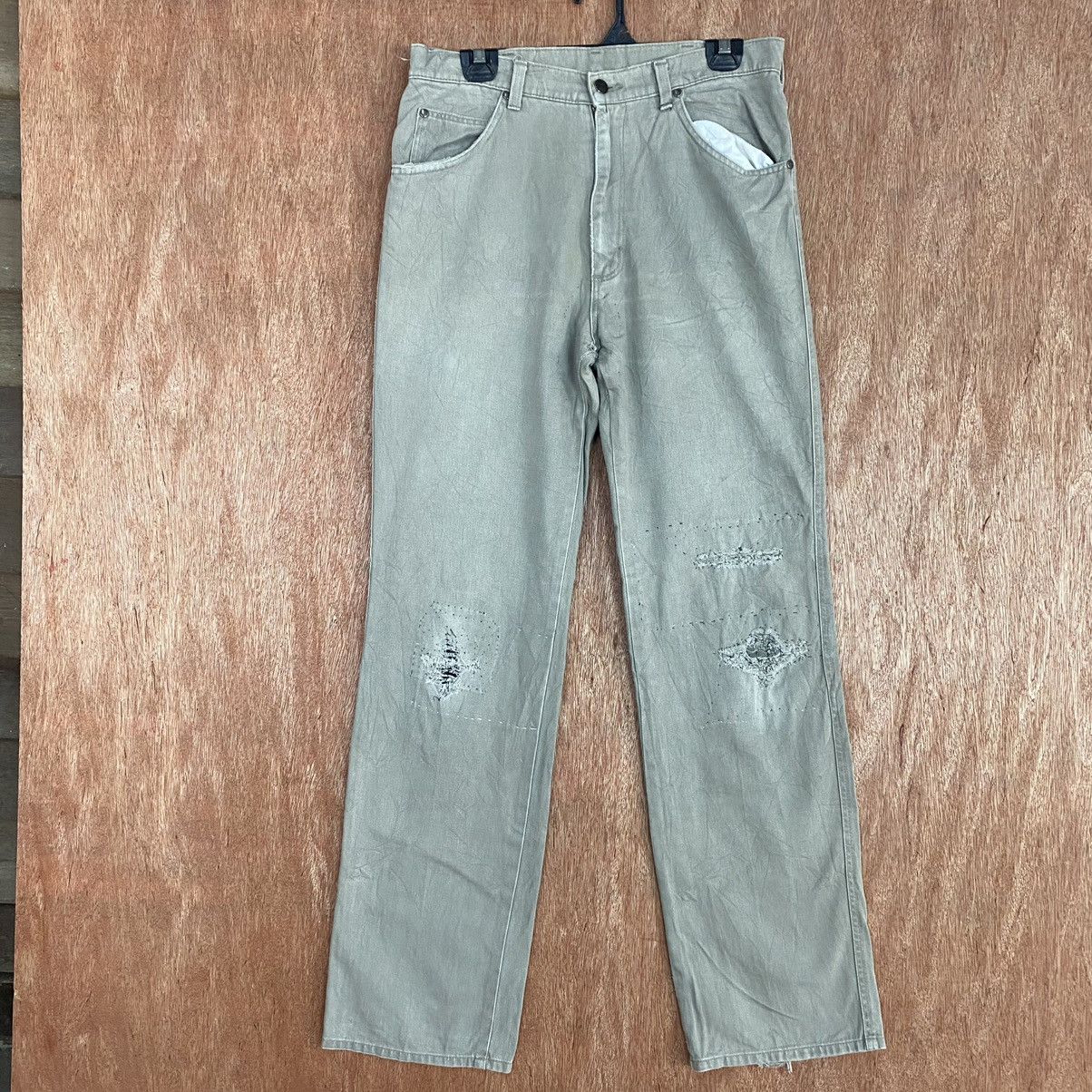 Wrangler DL Wrangler Grey Straight distressed sashiko Pants #c776 Size US 30 / EU 46 - 1 Thumbnail