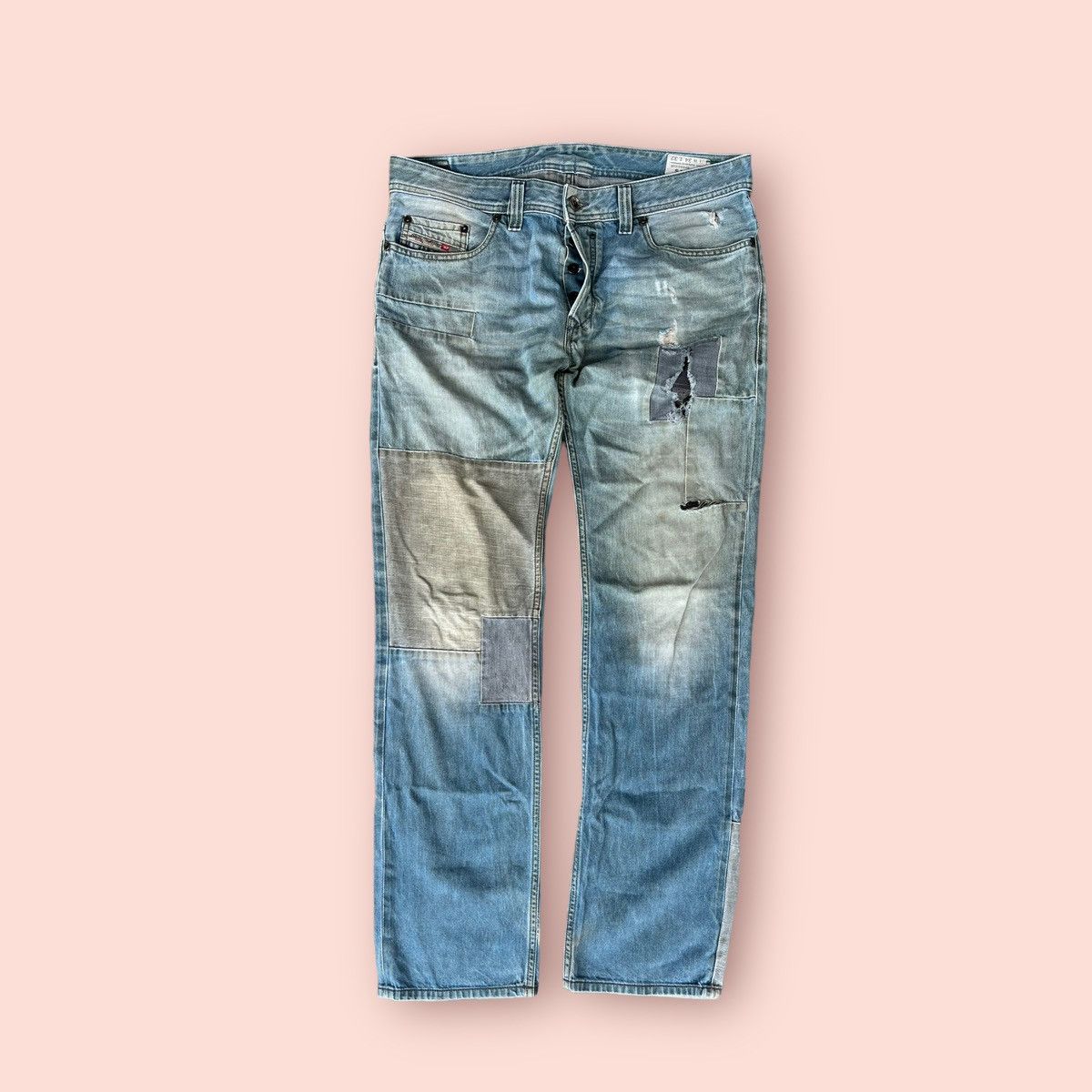 image of Diesel Safado Distressed Patchwork Jeans in Blue Fade, Men's (Size 34)