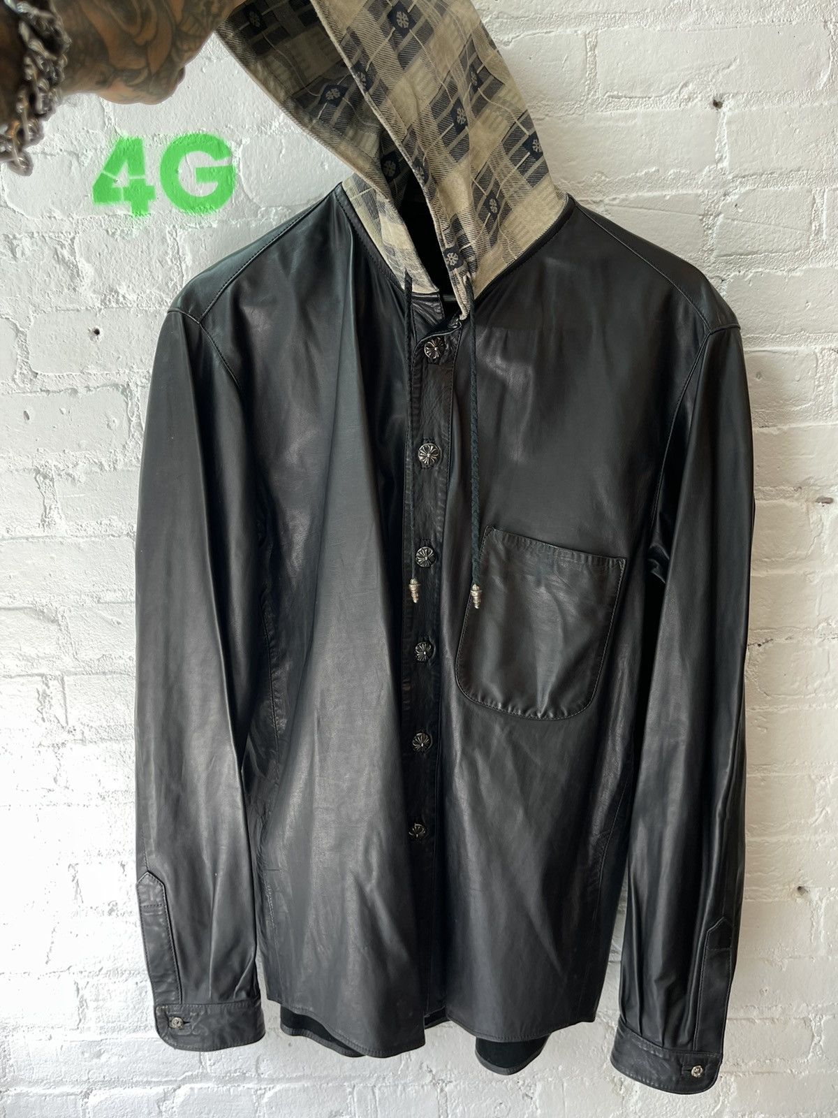 image of Chrome Hearts Leather Jacket Shirt W/ Suede Hood XL in Black, Men's
