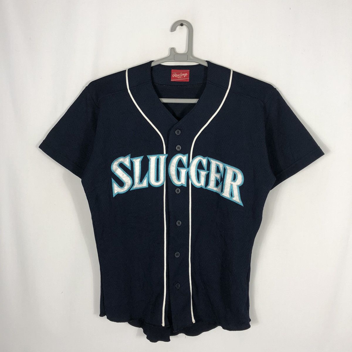 image of Vintage rawlings Slugger Spellout Squad Number Baseball Jersey in Blue, Men's (Size Medium)