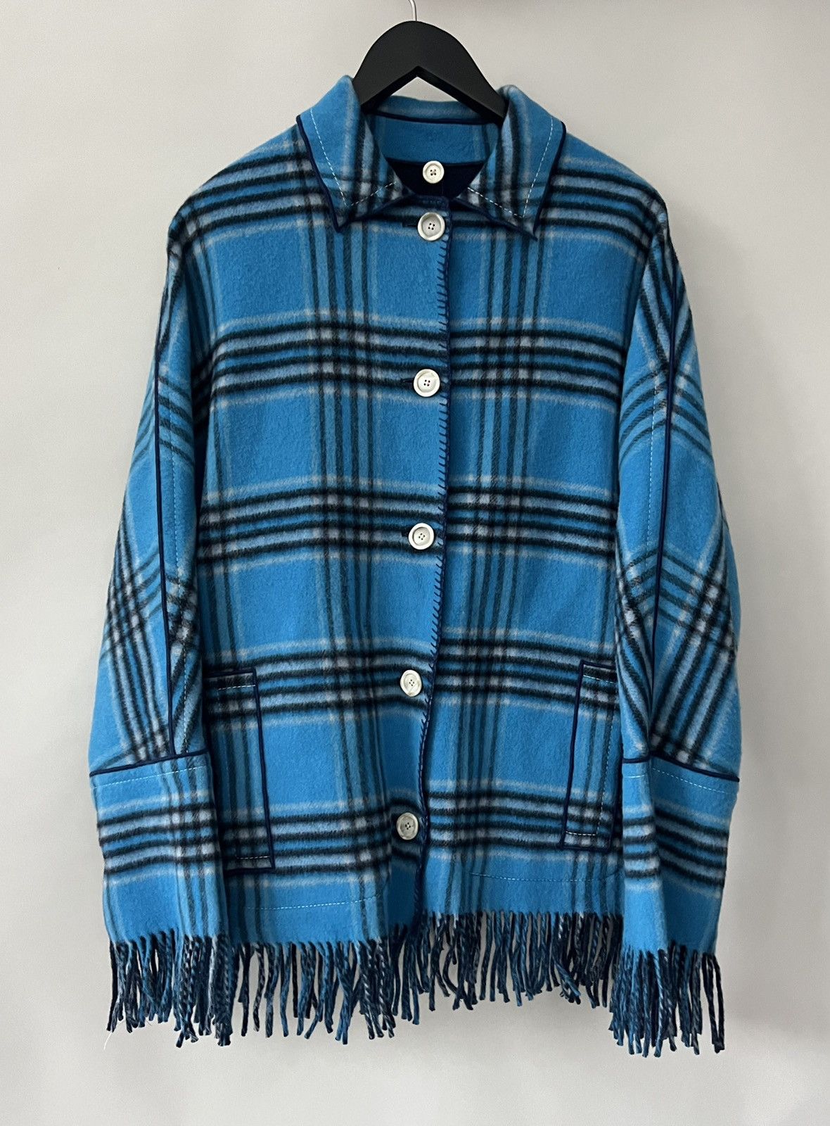 image of $3.3K Valuess22 Marni Fringed Reversible Cape Coat in Blue, Men's (Size Small)