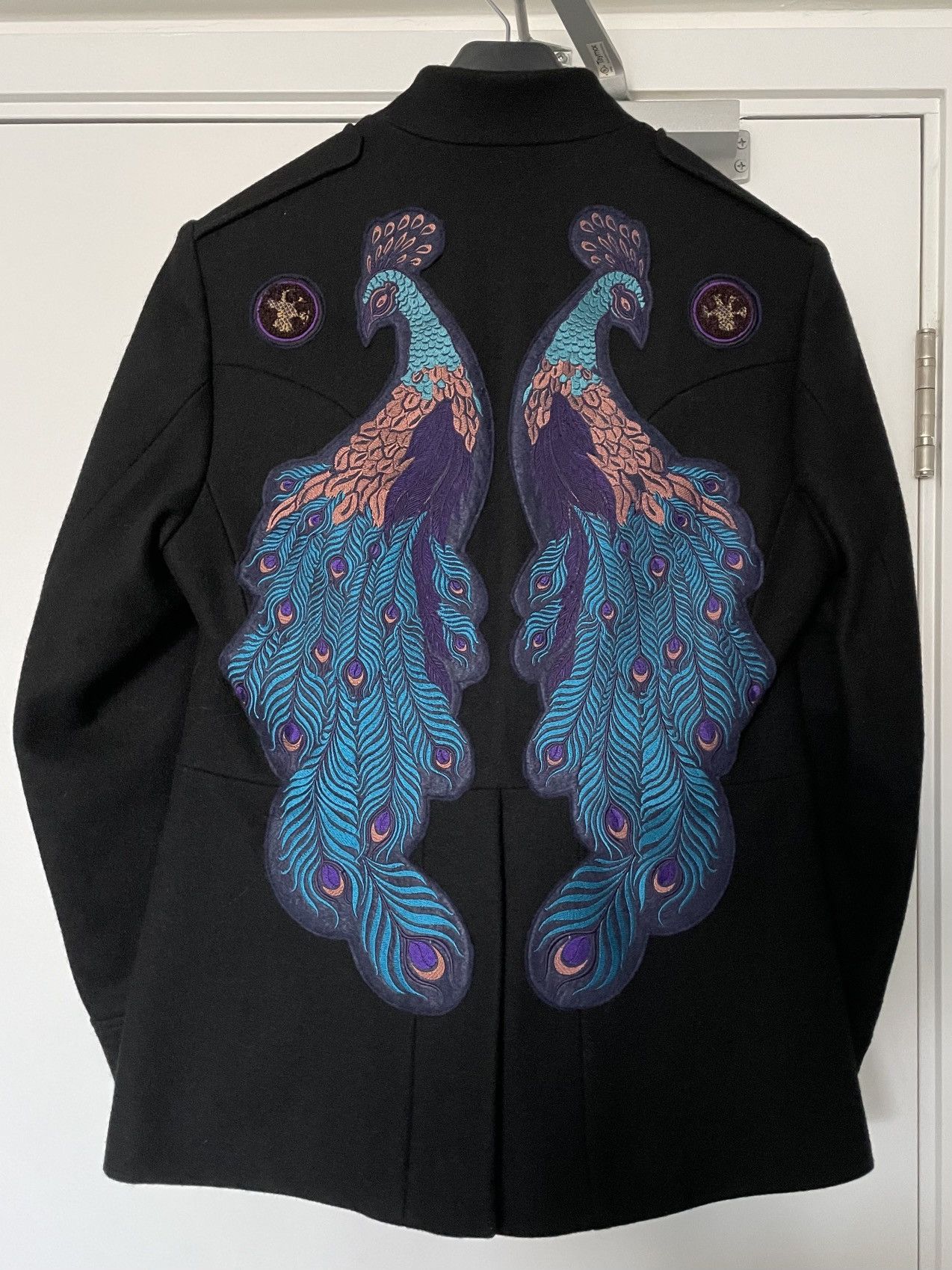Pre-owned Dries Van Noten Peacock Embroidery Wool Coat In Black