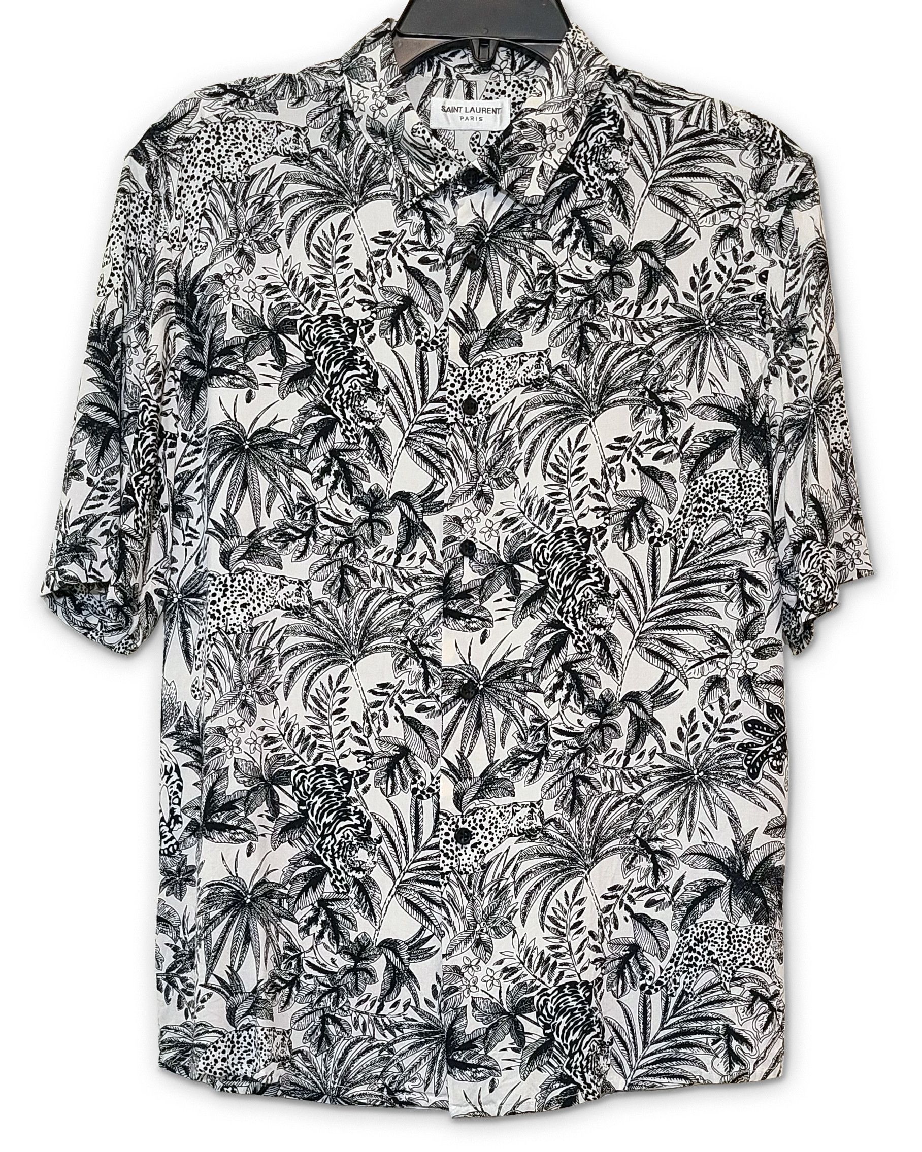 image of Saint Laurent Paris Ss21 Leaf Print Floral Viscose Shirt in Monochrome, Men's (Size Small)
