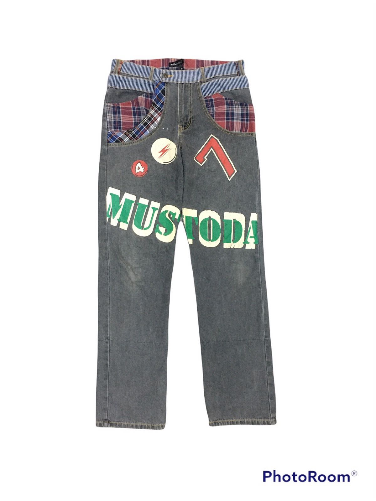 Japanese Brand JapanBrand Mustoda Checkred Patchwork Pocket Grey Jeans Size US 31 - 2 Thumbnail