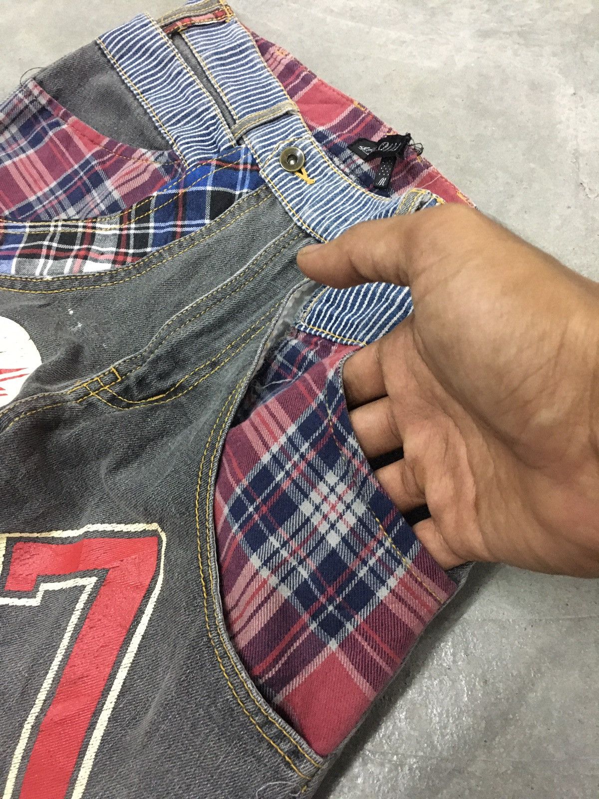 Japanese Brand JapanBrand Mustoda Checkred Patchwork Pocket Grey Jeans Size US 31 - 7 Thumbnail