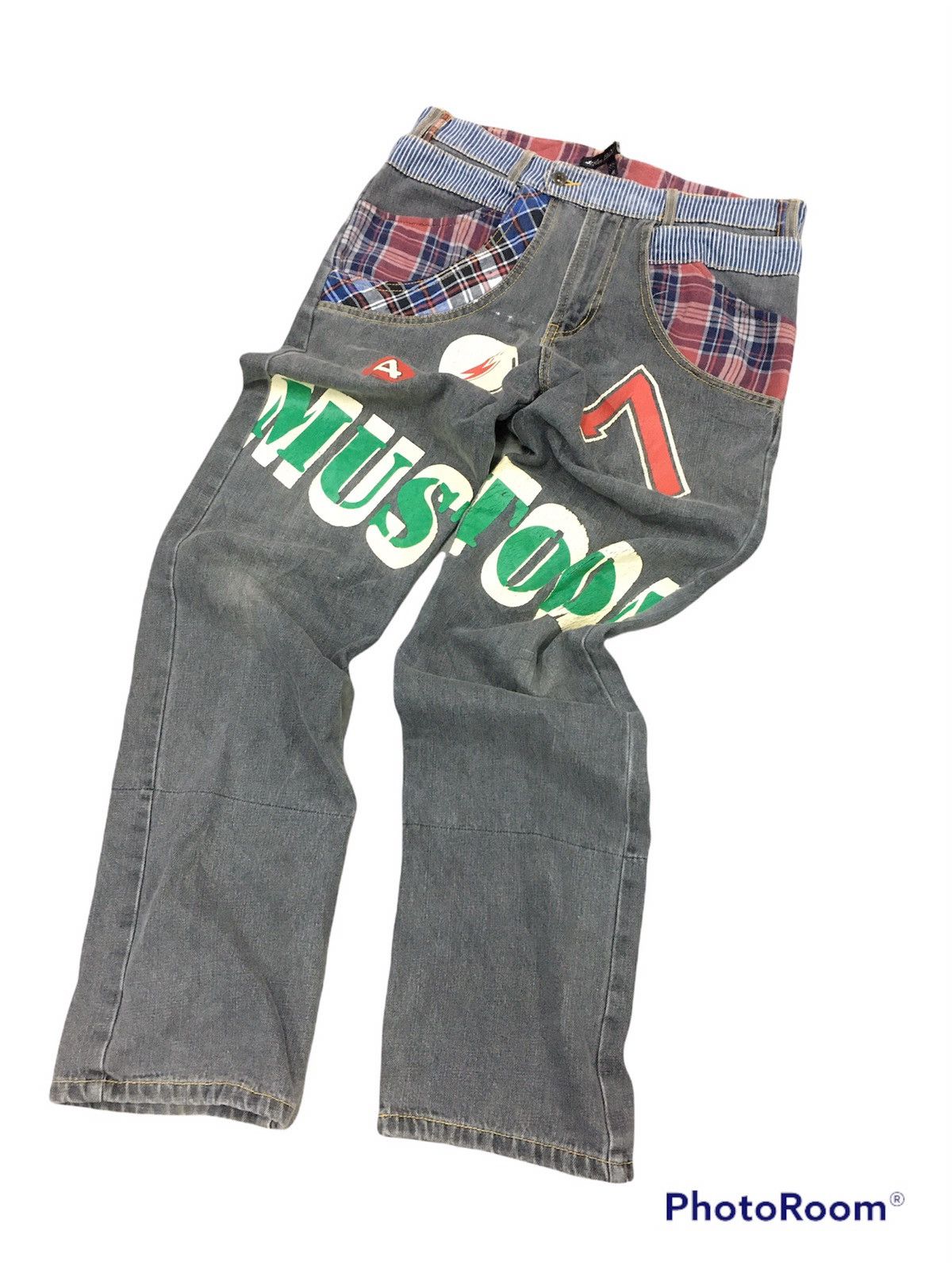 Japanese Brand JapanBrand Mustoda Checkred Patchwork Pocket Grey Jeans Size US 31 - 1 Thumbnail
