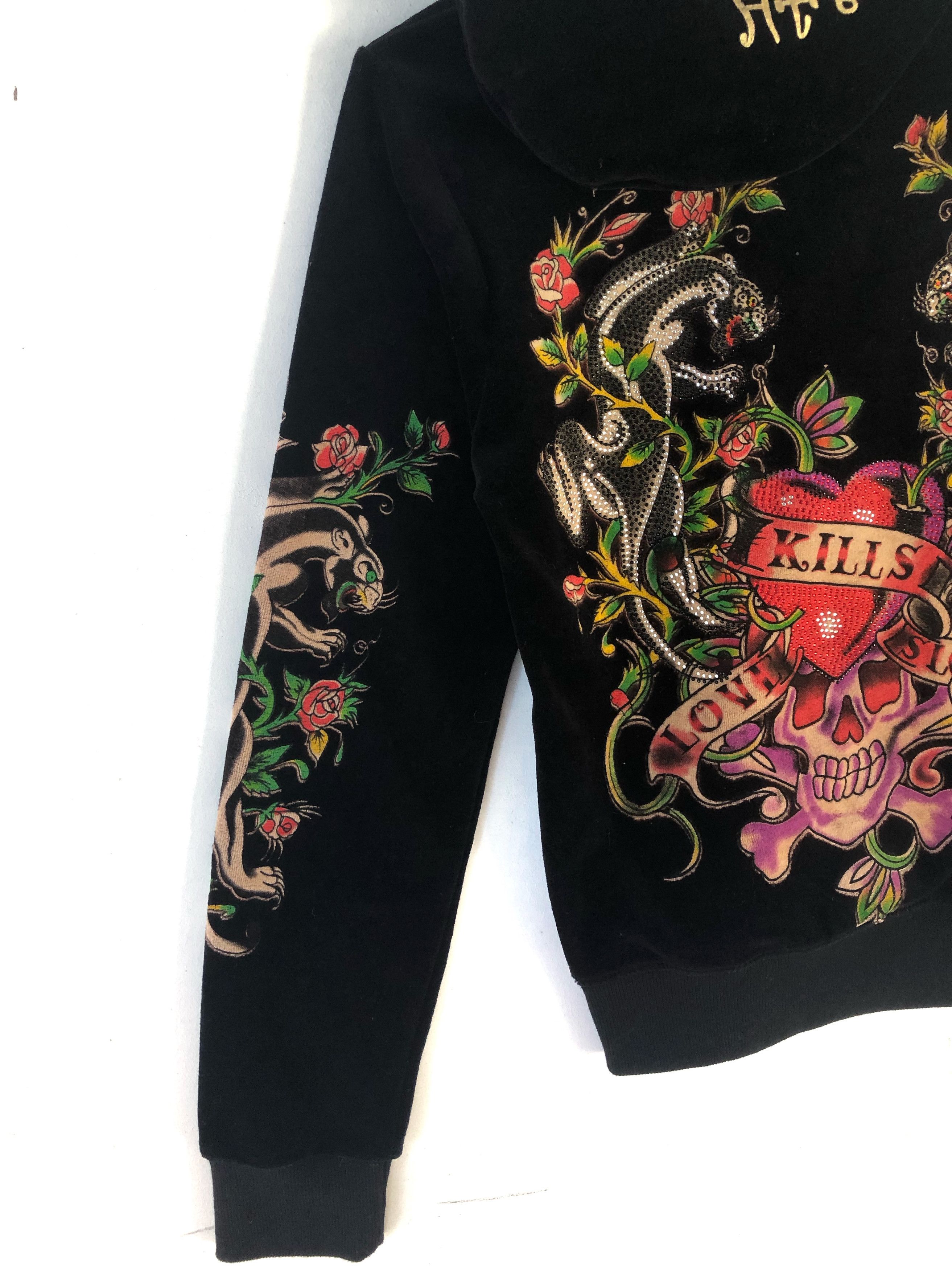 Ed Hardy RARE🔥ED HARDY FULLPRINT VELVET RHINESTONE ZIPPER HOODIE Size XXS / US 00 / IT 34 - 4 Thumbnail