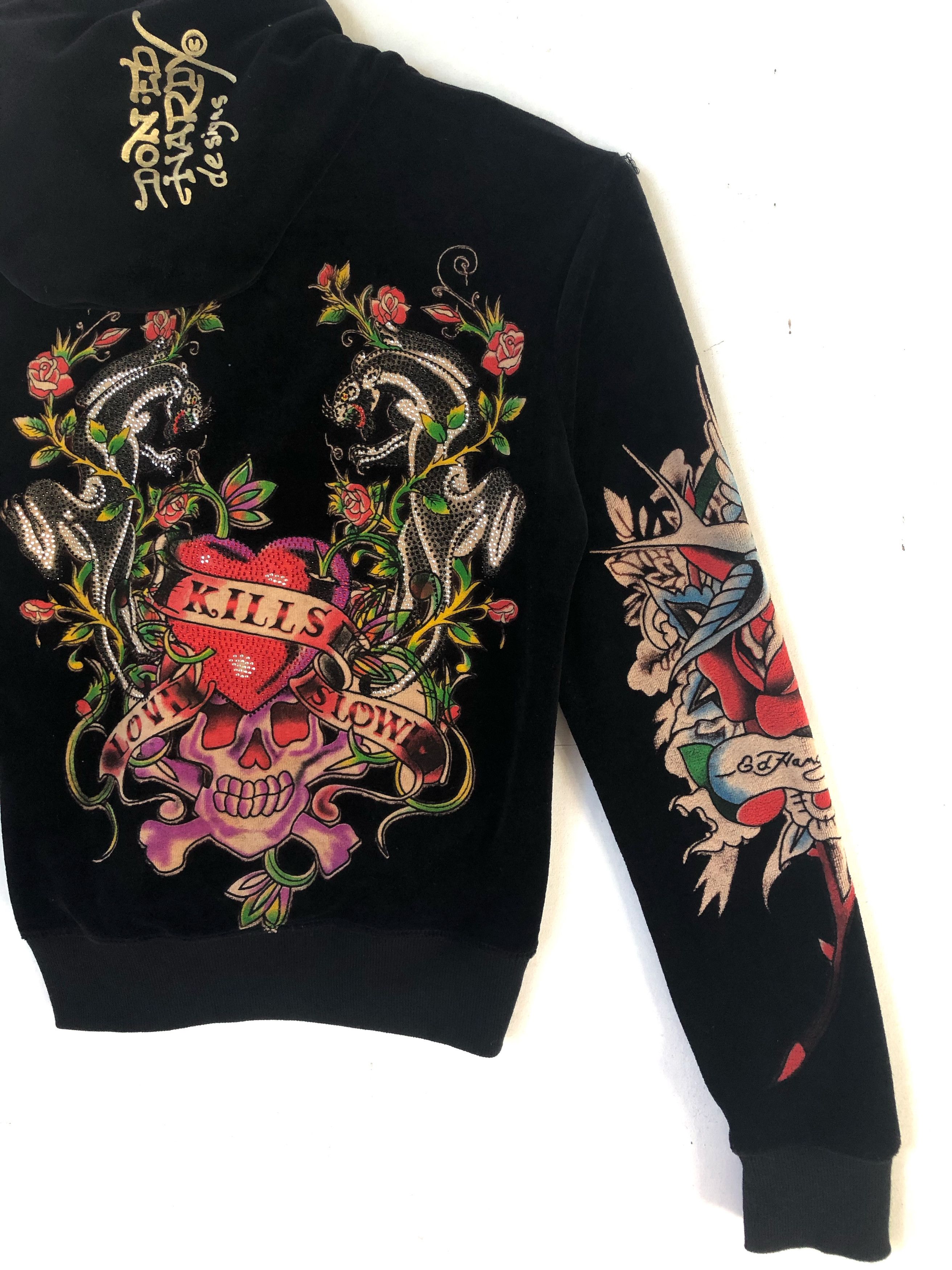 Ed Hardy RARE🔥ED HARDY FULLPRINT VELVET RHINESTONE ZIPPER HOODIE Size XXS / US 00 / IT 34 - 3 Thumbnail