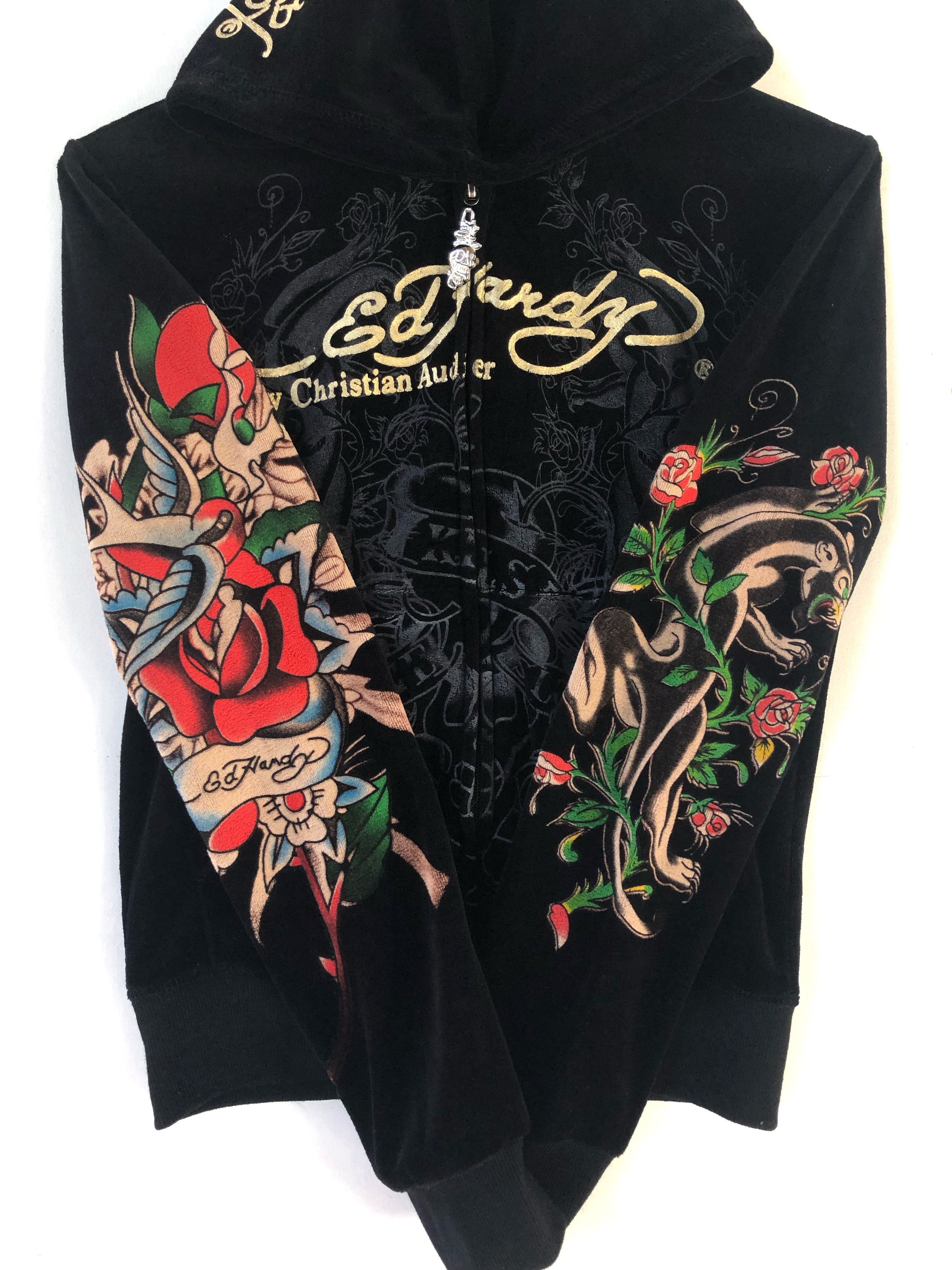 Ed Hardy RARE🔥ED HARDY FULLPRINT VELVET RHINESTONE ZIPPER HOODIE Size XXS / US 00 / IT 34 - 13 Thumbnail