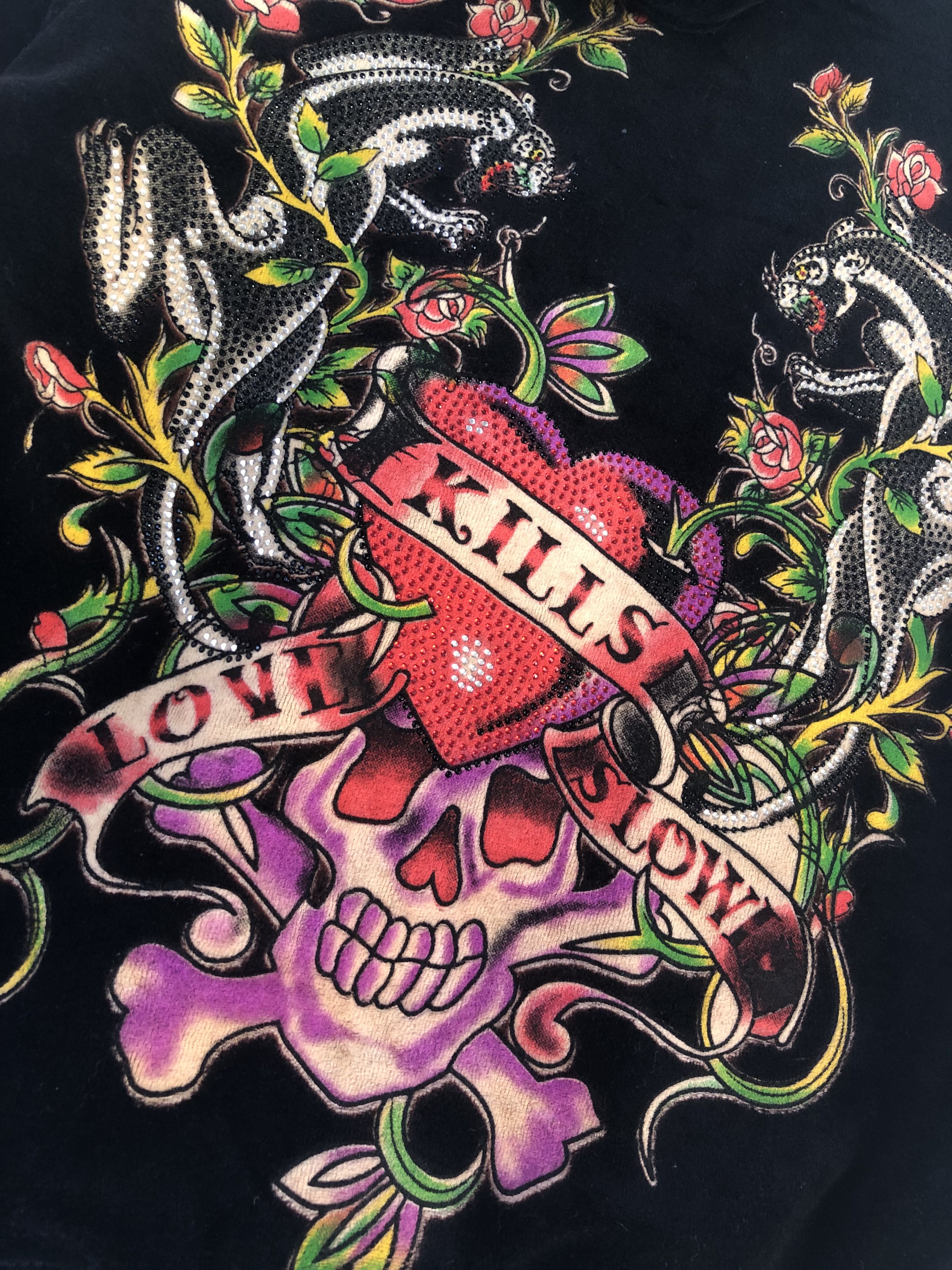 Ed Hardy RARE🔥ED HARDY FULLPRINT VELVET RHINESTONE ZIPPER HOODIE Size XXS / US 00 / IT 34 - 7 Thumbnail
