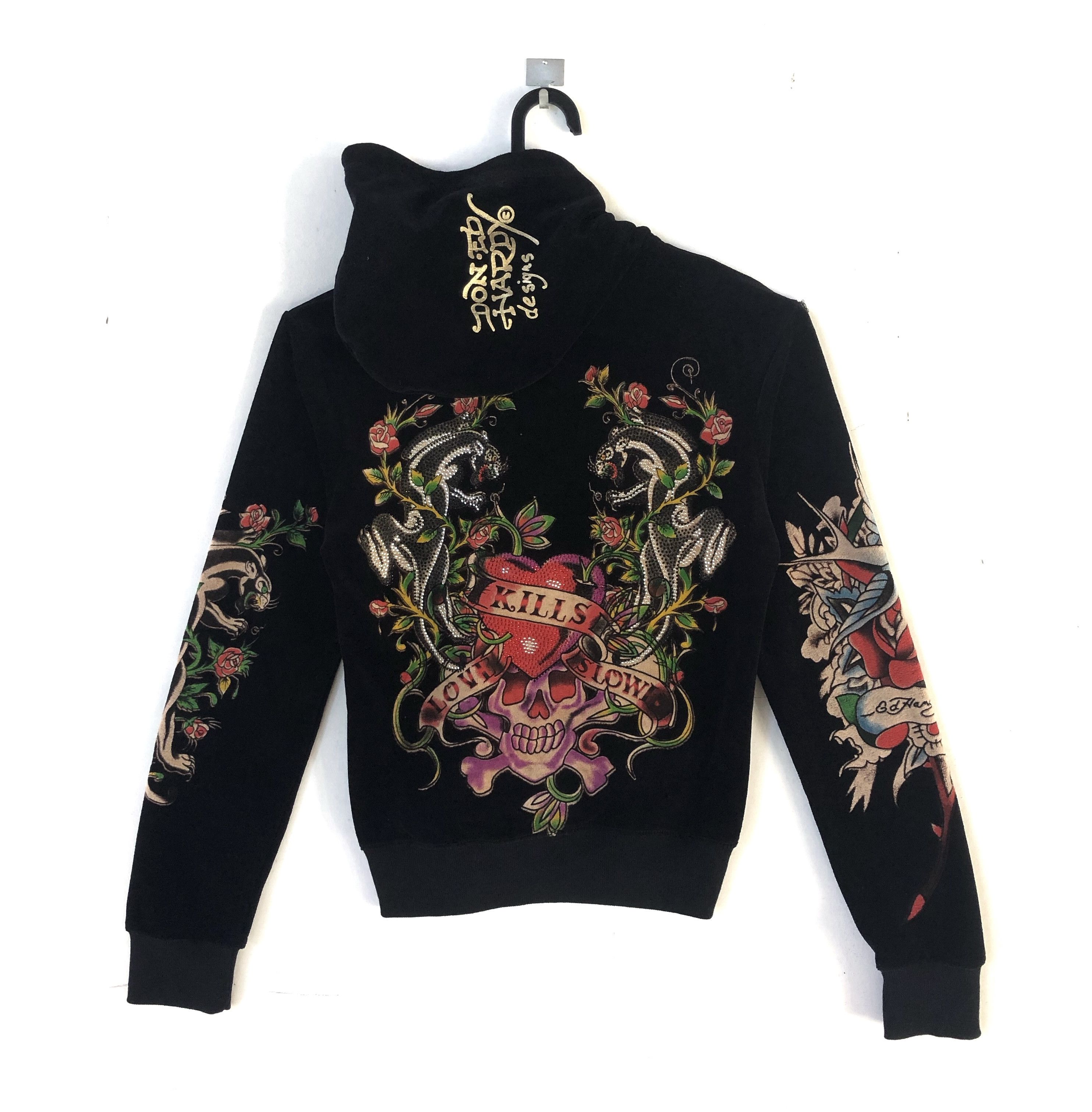 Ed Hardy RARE🔥ED HARDY FULLPRINT VELVET RHINESTONE ZIPPER HOODIE Size XXS / US 00 / IT 34 - 1 Thumbnail