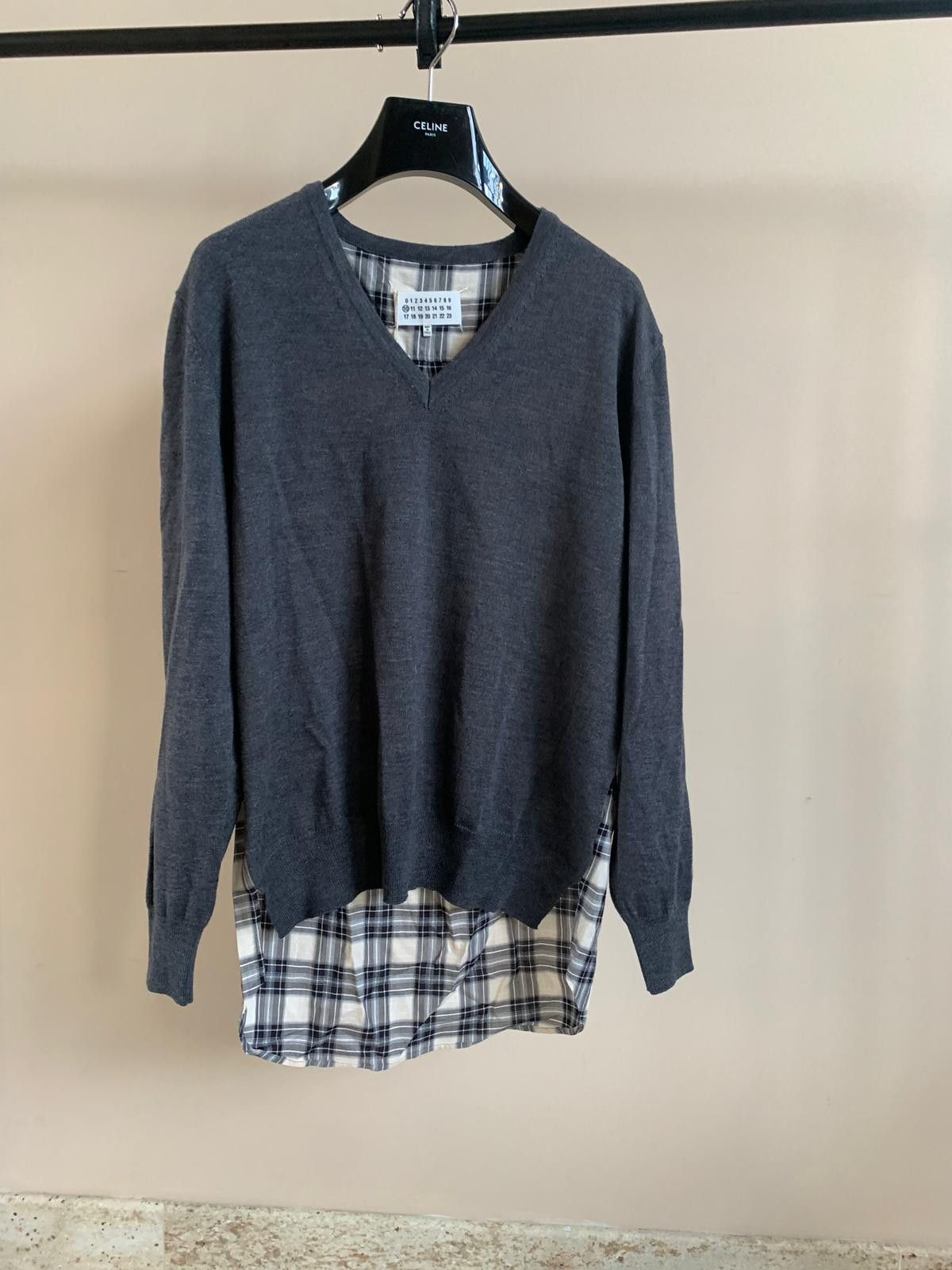 image of Maison Margiela V Neck Sweater With Plaid Contrast In Grey, Men's (Size Small)