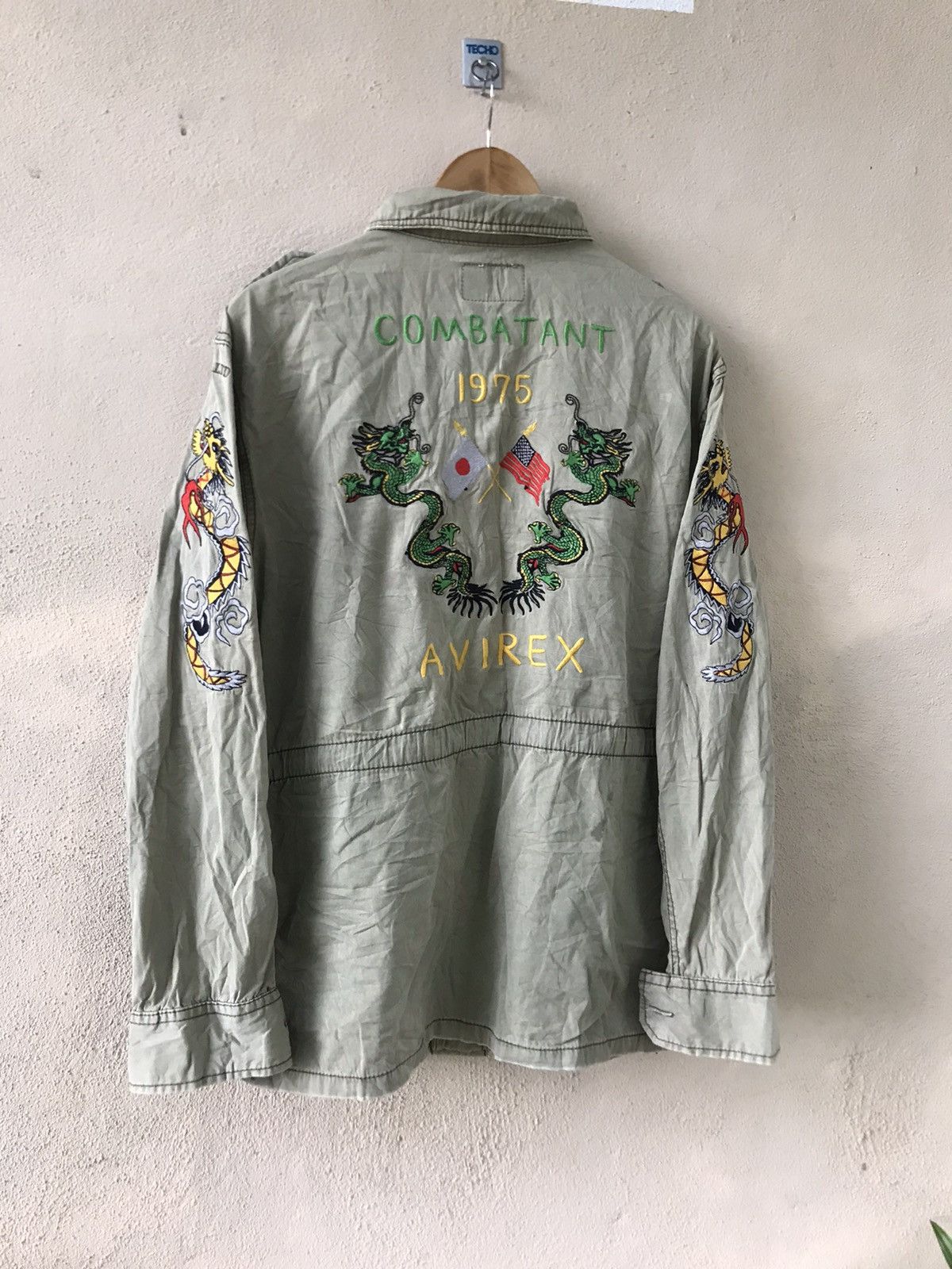 image of Vintage Sukajan Avirex 1975 World War Ii Dragon Shirt in Green Army, Men's (Size XL)