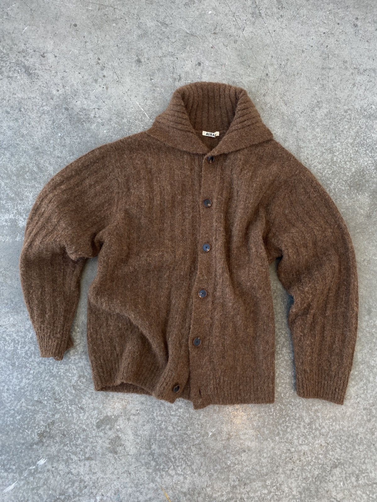 image of Auralee Baby Alpaca Wool Wide Rib Cardigan in Brown, Men's (Size Small)