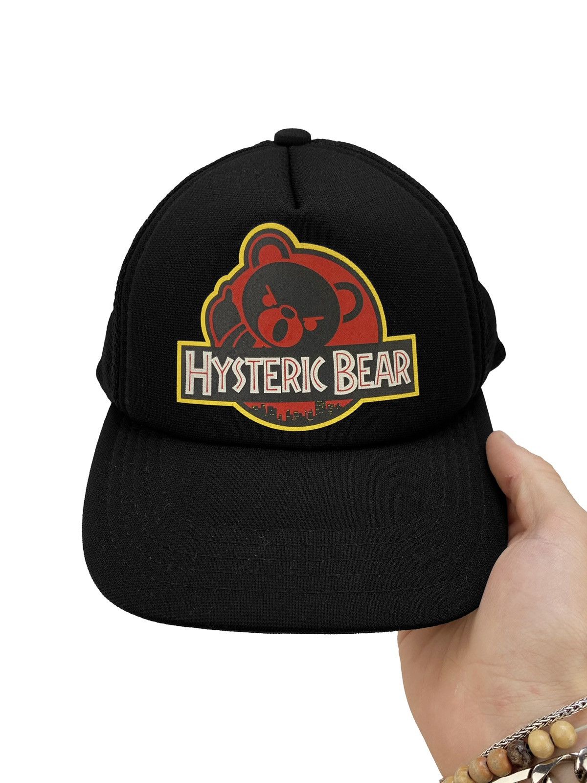 image of Hysteric Glamour “Hysteric Bear” Mesh Snap Back Trucker Hat in Black, Men's
