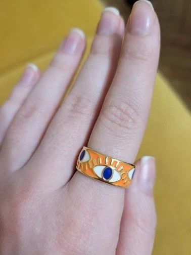 Jewelry Orange Enamel Engrave Turkish Evil Eye Ring Size ONE SIZE - 1 Thumbnail