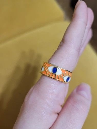 Jewelry Orange Enamel Engrave Turkish Evil Eye Ring Size ONE SIZE - 2 Thumbnail