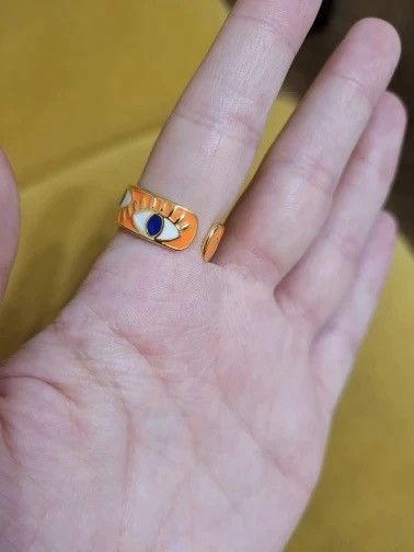 Jewelry Orange Enamel Engrave Turkish Evil Eye Ring Size ONE SIZE - 3 Thumbnail