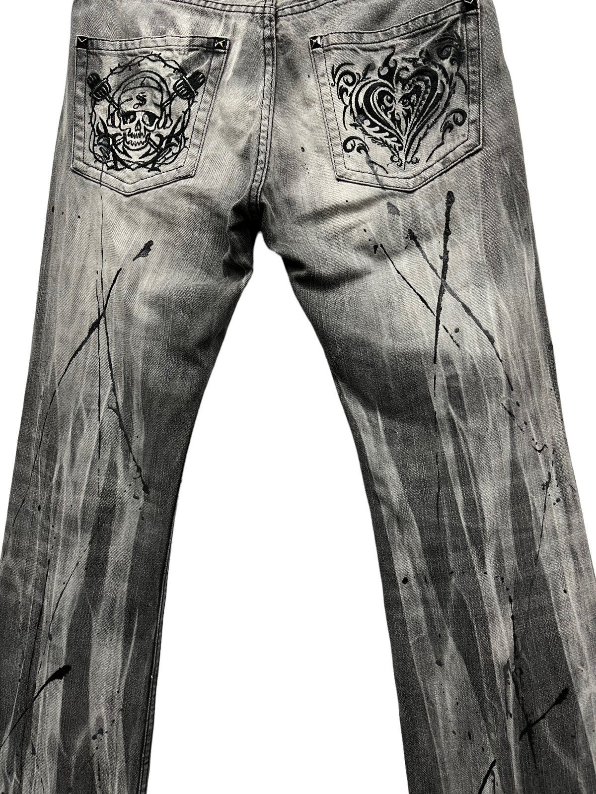 Japanese Brand × Tribal Streetwear Acid Wash Splash Punk Skull Heart Tribal Embroidered FLARE💥 Size US 30 / EU 46 - 6 Thumbnail