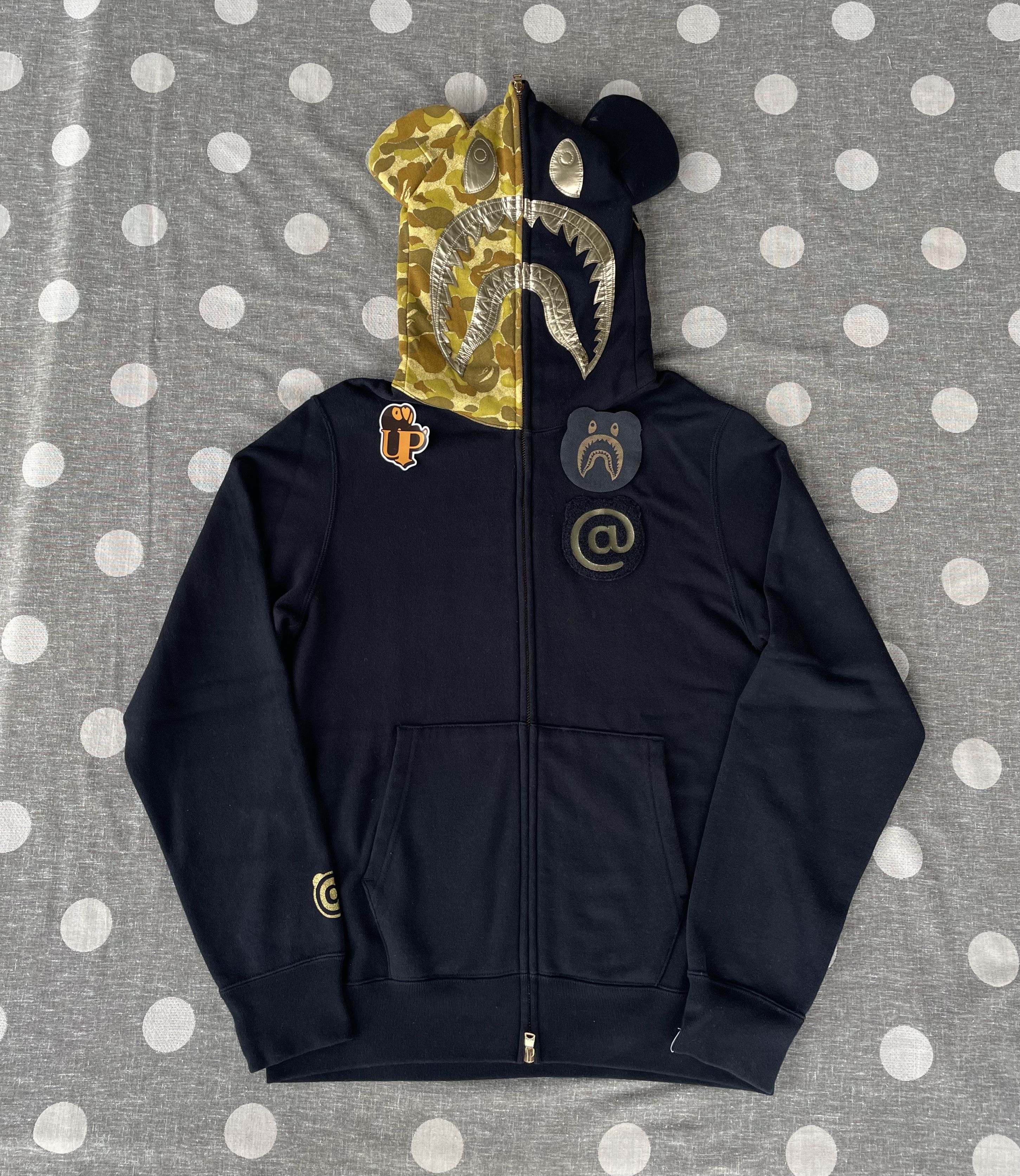 image of Bape X Medicom Black / Gold Shark Bear Full Zip Hoodie in Black Gold, Men's (Size Medium)