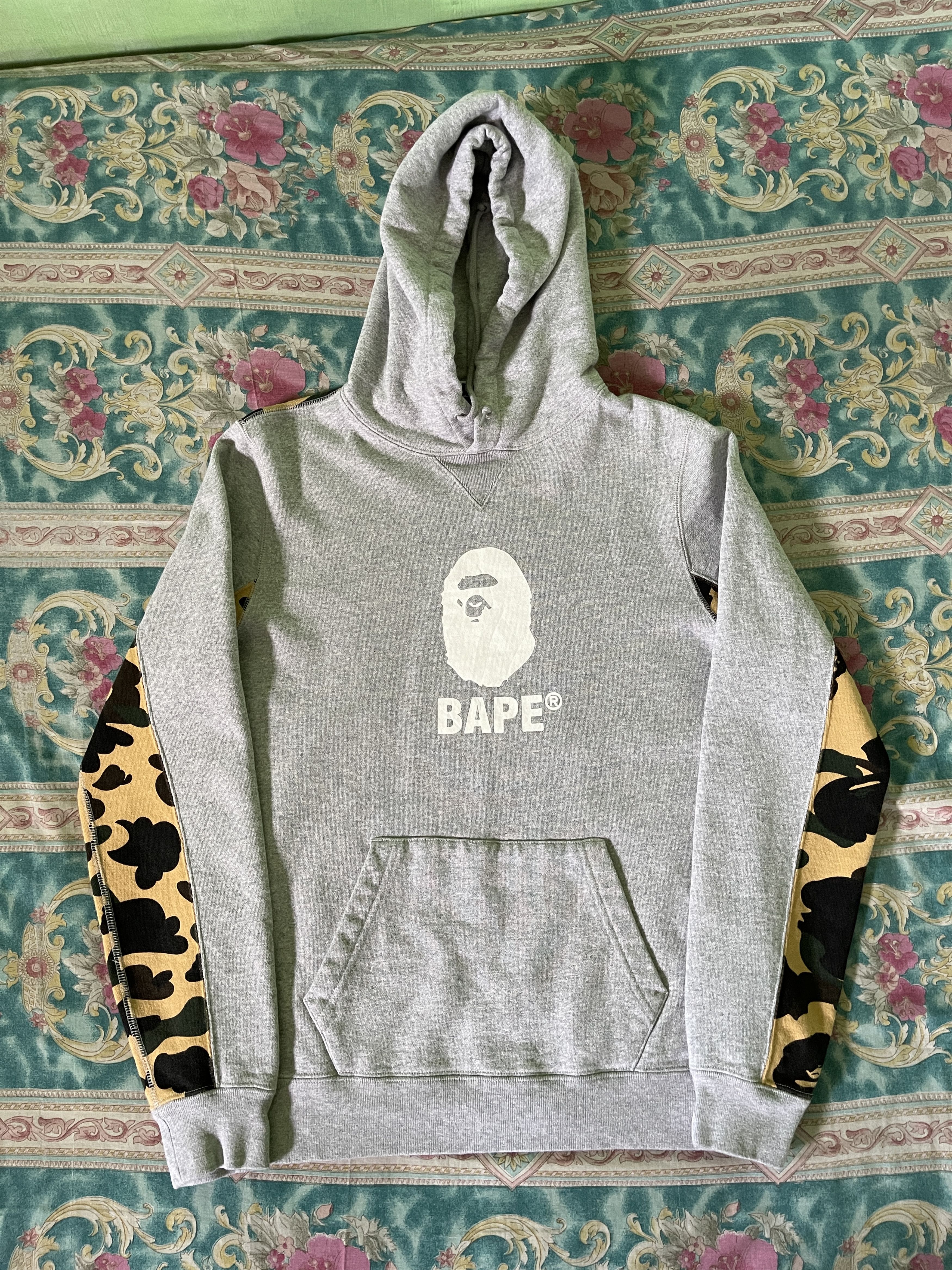 Image of Bape Yellow Camo & Grey Pullover Hoodie in Gray Yellow Camo, Men's (Size Small)