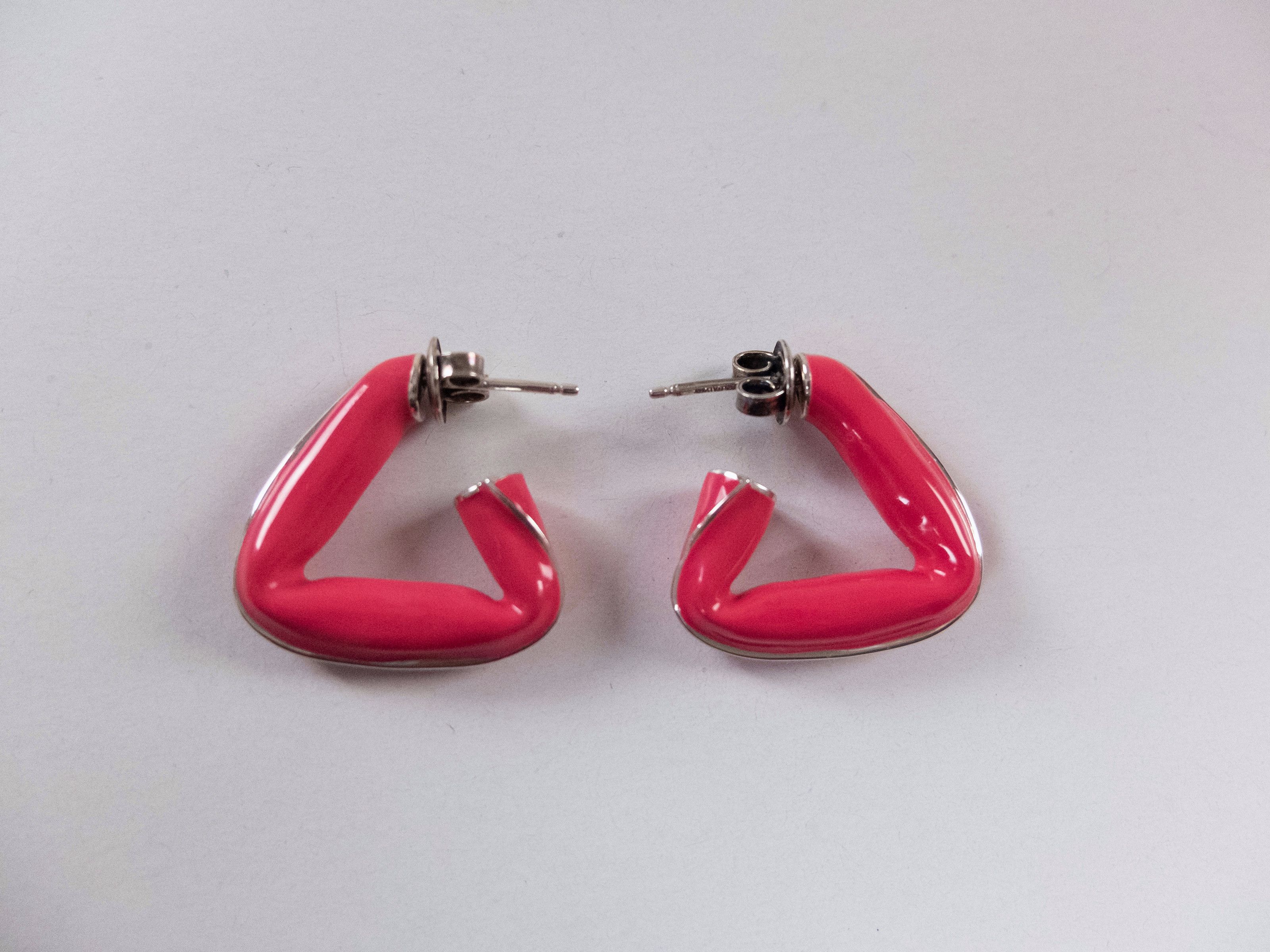 Bottega Veneta BOTTEGA VENETA pink enamel & silver triangle hoop earrings q Size ONE SIZE - 4 Thumbnail
