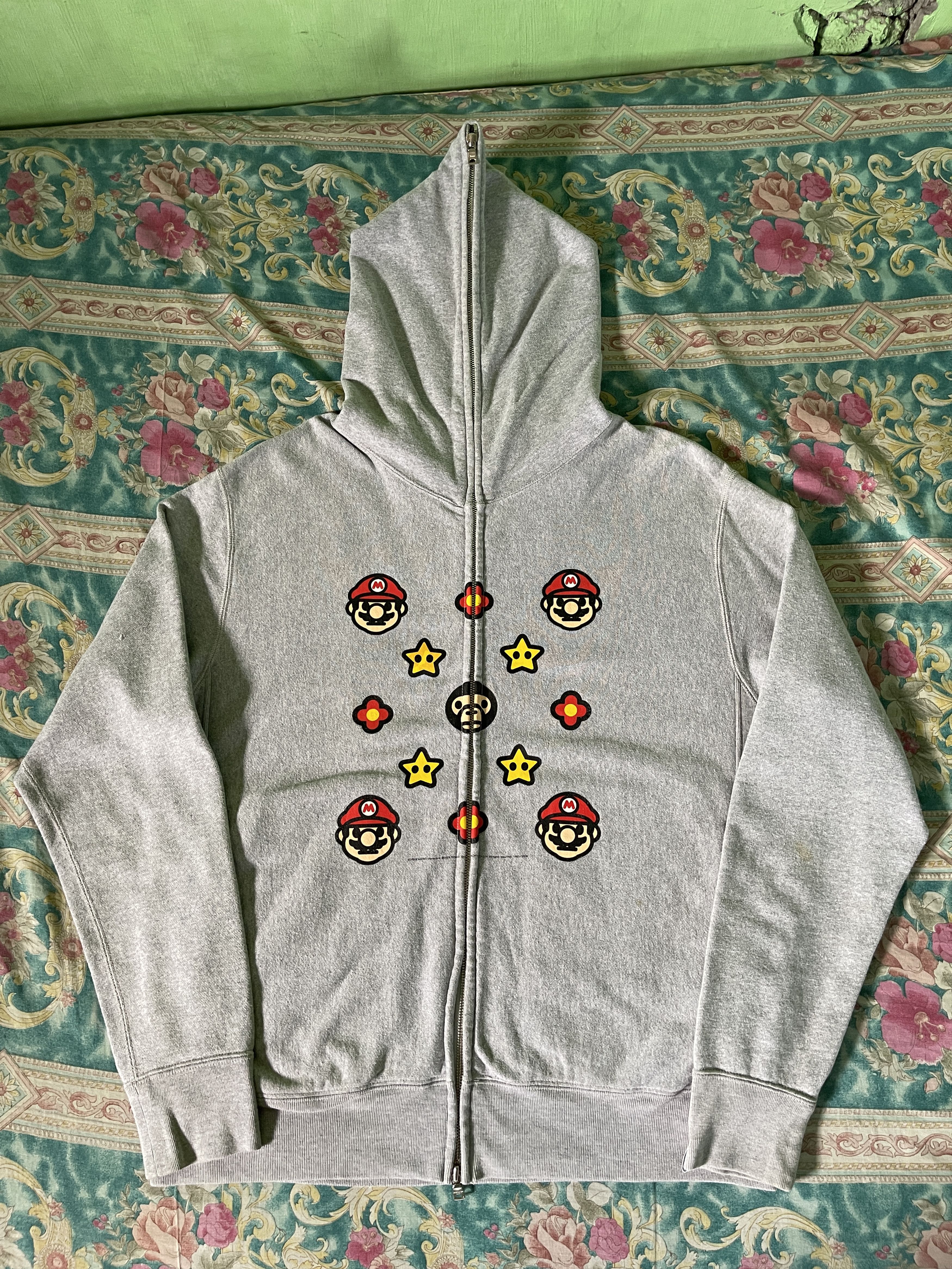 image of Bape × Nintendo Mario Milo Monogram Full Zip Hoodie Gray in Grey, Men's (Size Medium)
