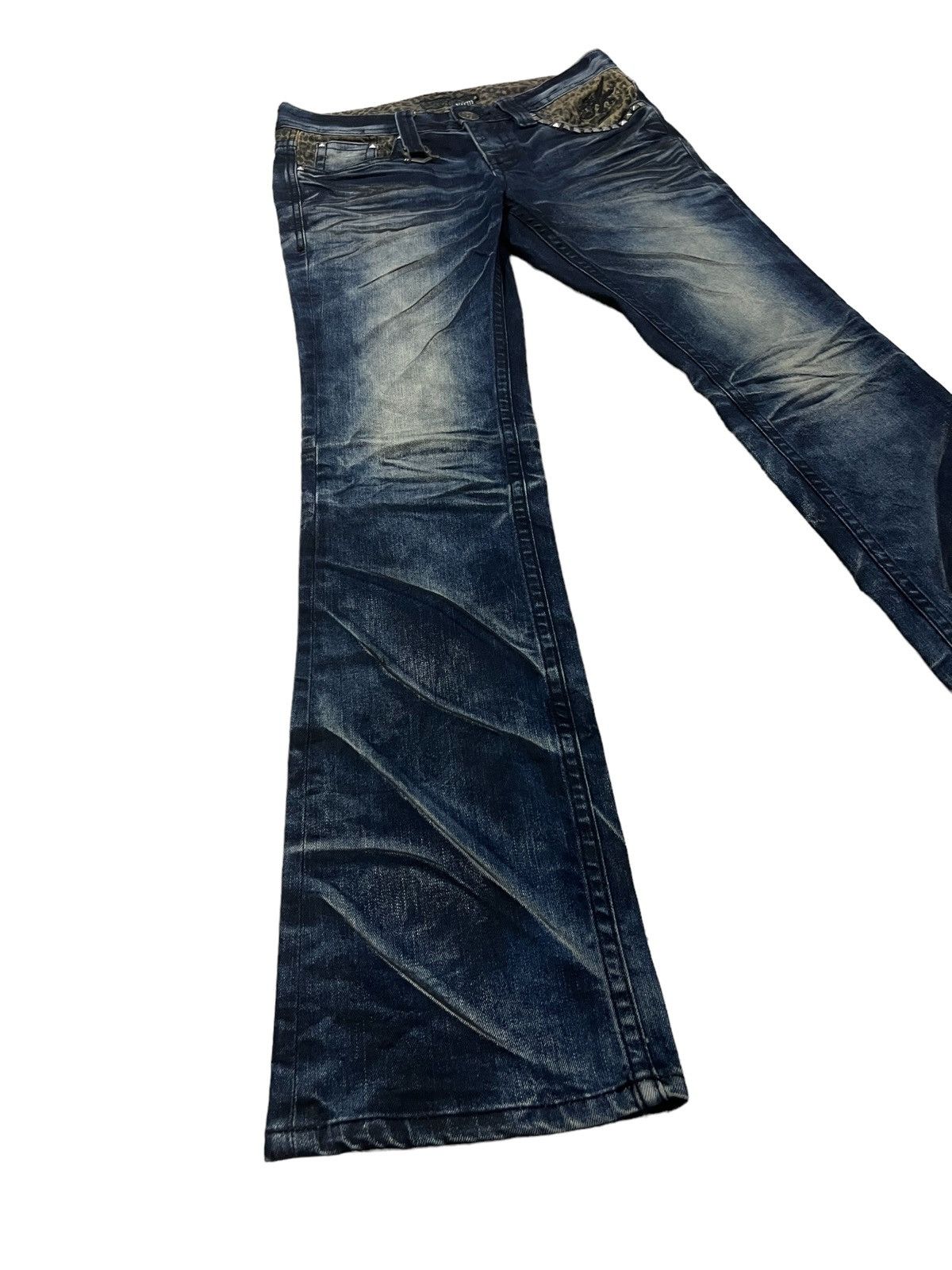 RARE🔥90s XFRM 🇯🇵 Flare Hem Studded Skulls Fade Wash Denim