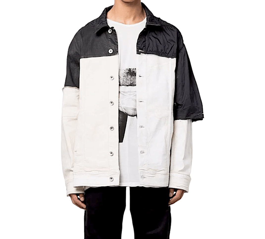 image of $1700 Rick Owens Jumbo Worker Jacket, Patchwork, Medium in Black, Men's