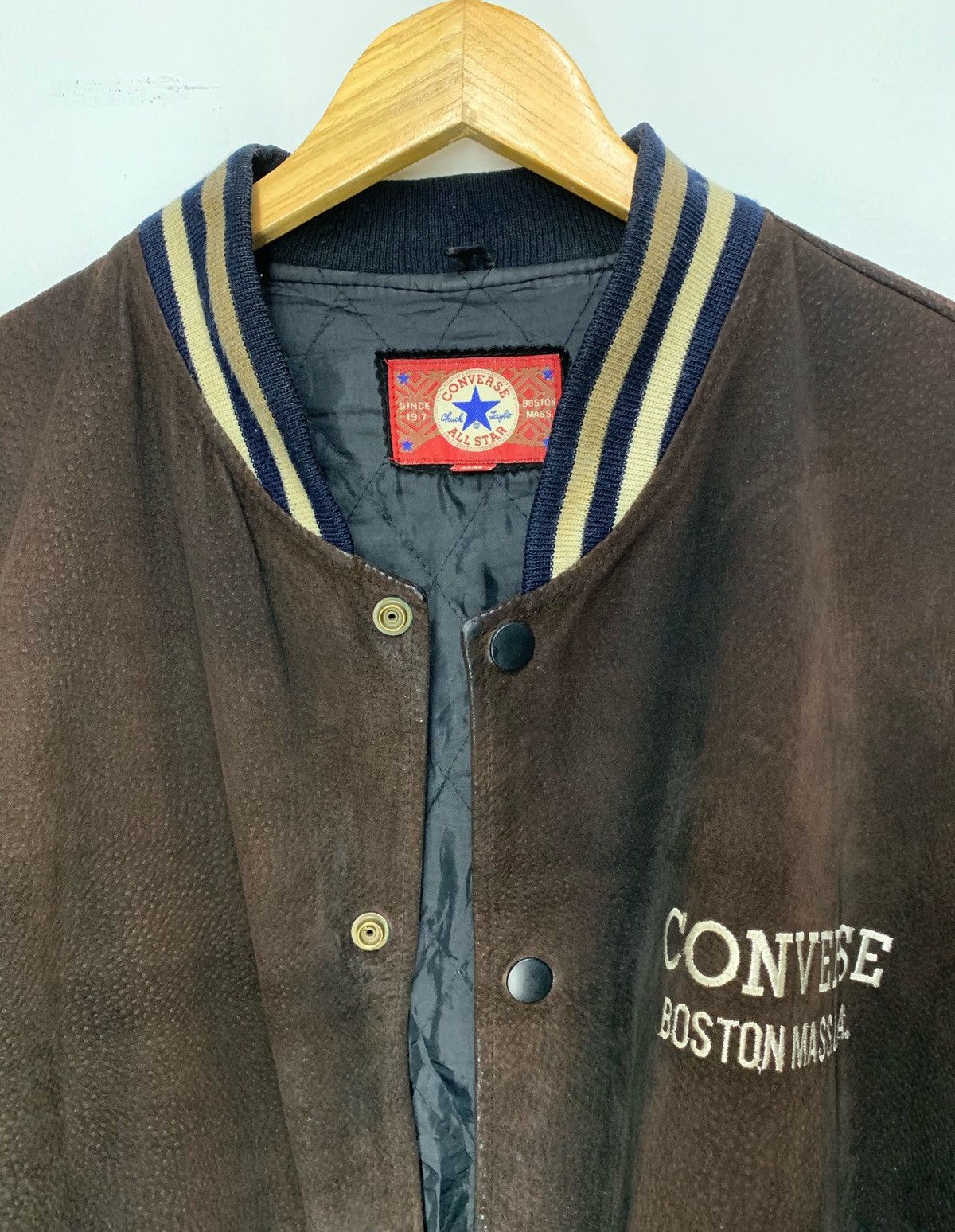 Converse 🖤 Converse Vintage Box Logo Pig Skin Leather Varsity Jacket Size US L / EU 52-54 / 3 - 5 Thumbnail