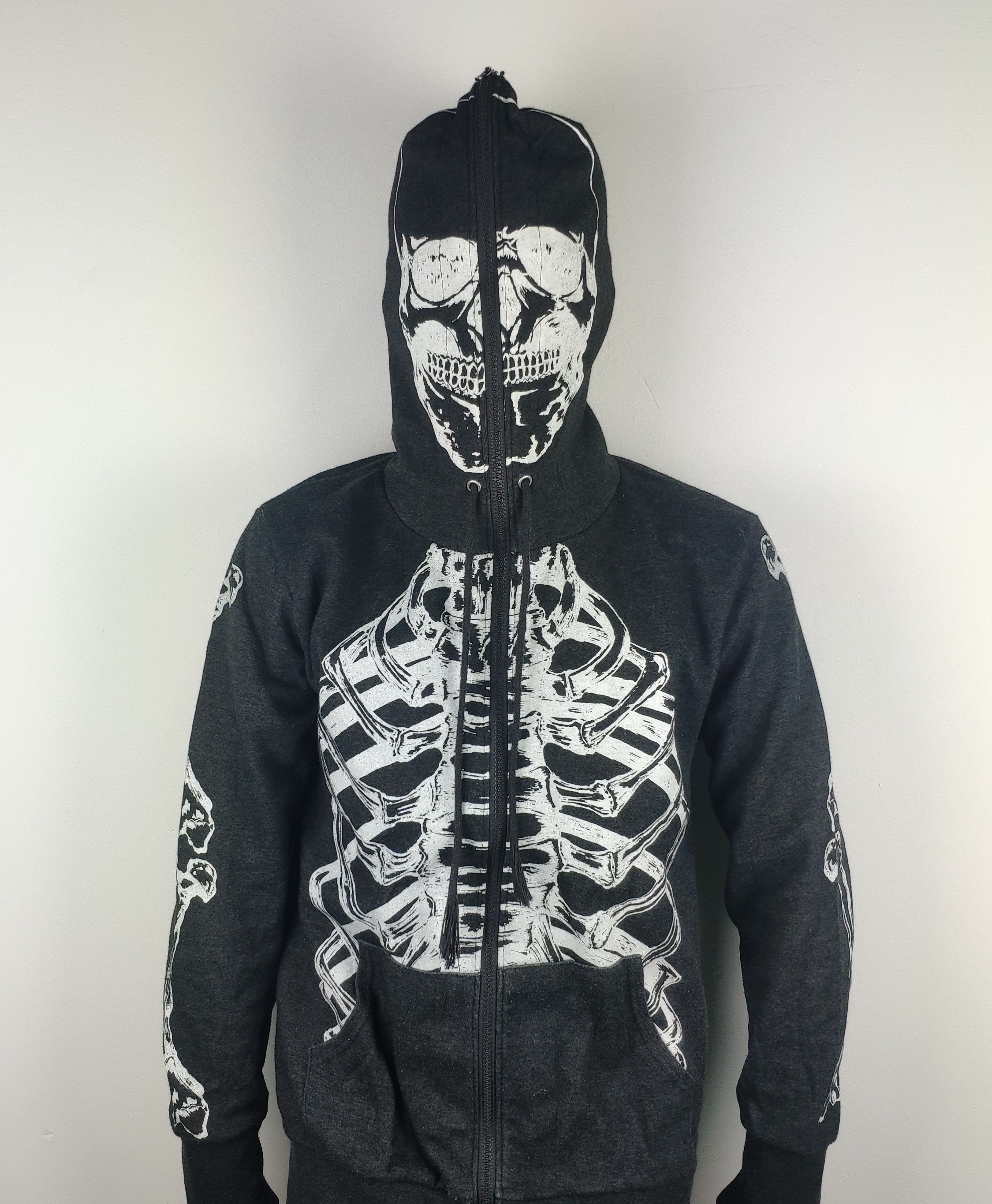 image of Vintage Hooded Jacket Skeleton Inspired Kanye West in Black, Men's (Size Small)