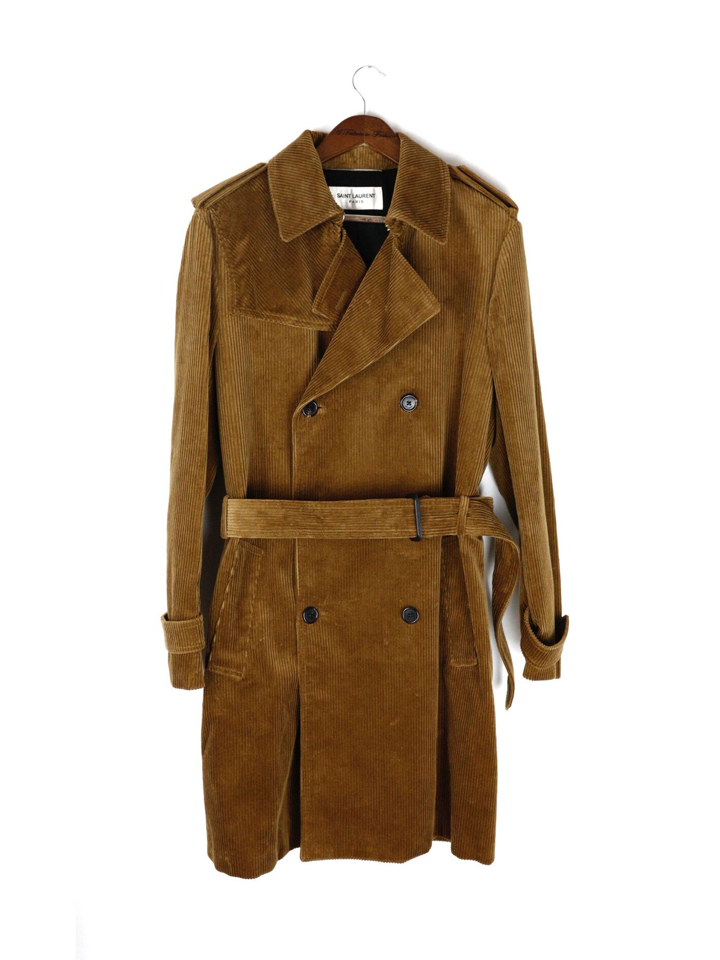 Pre-owned Saint Laurent Fw18  Corduroy Belted Trench Coat In Camel