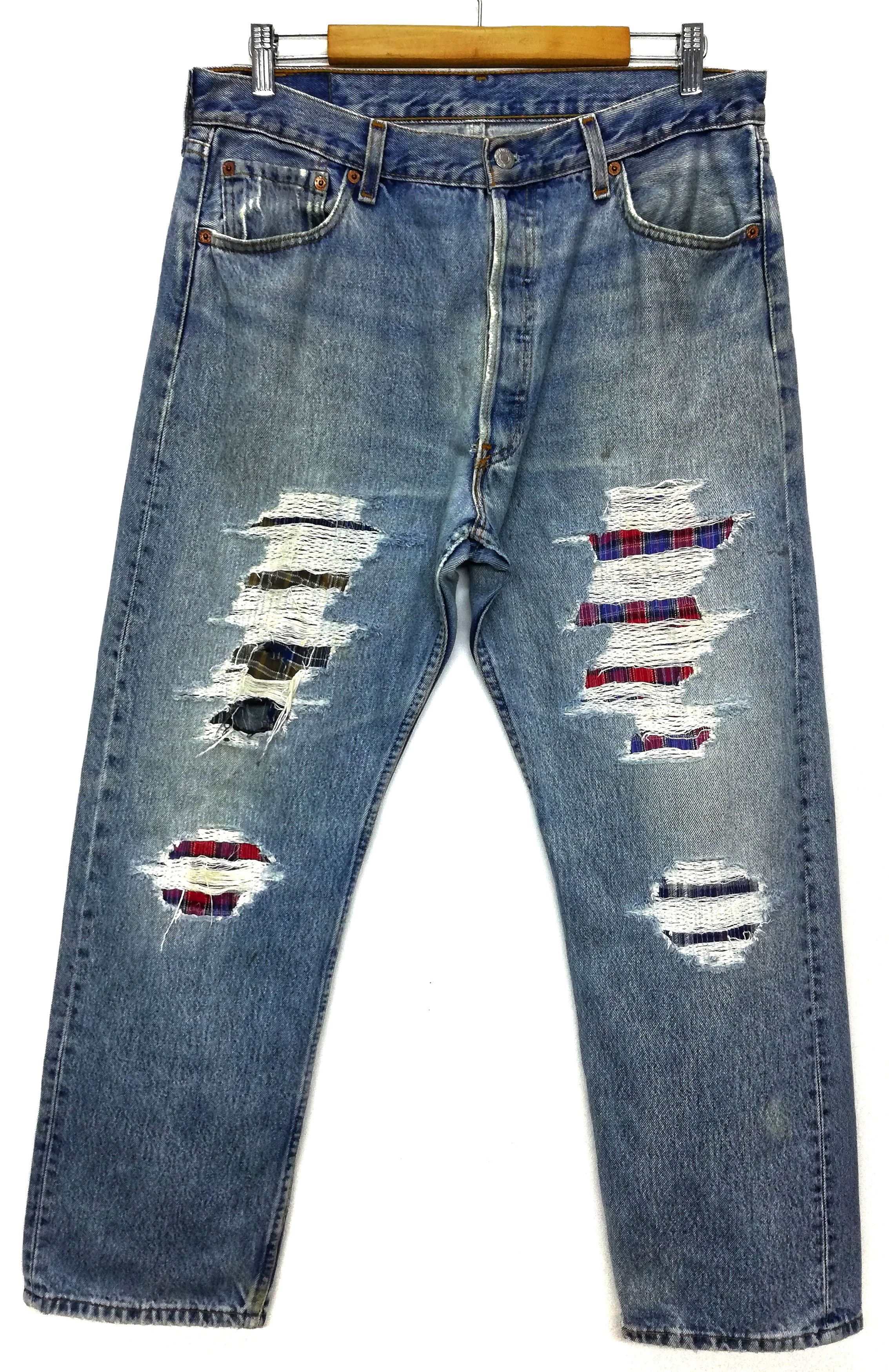 Levi's Vintage Clothing 🔥Distressed Design Levi's Customized Distressed Patchwork Size US 35 - 1 Thumbnail