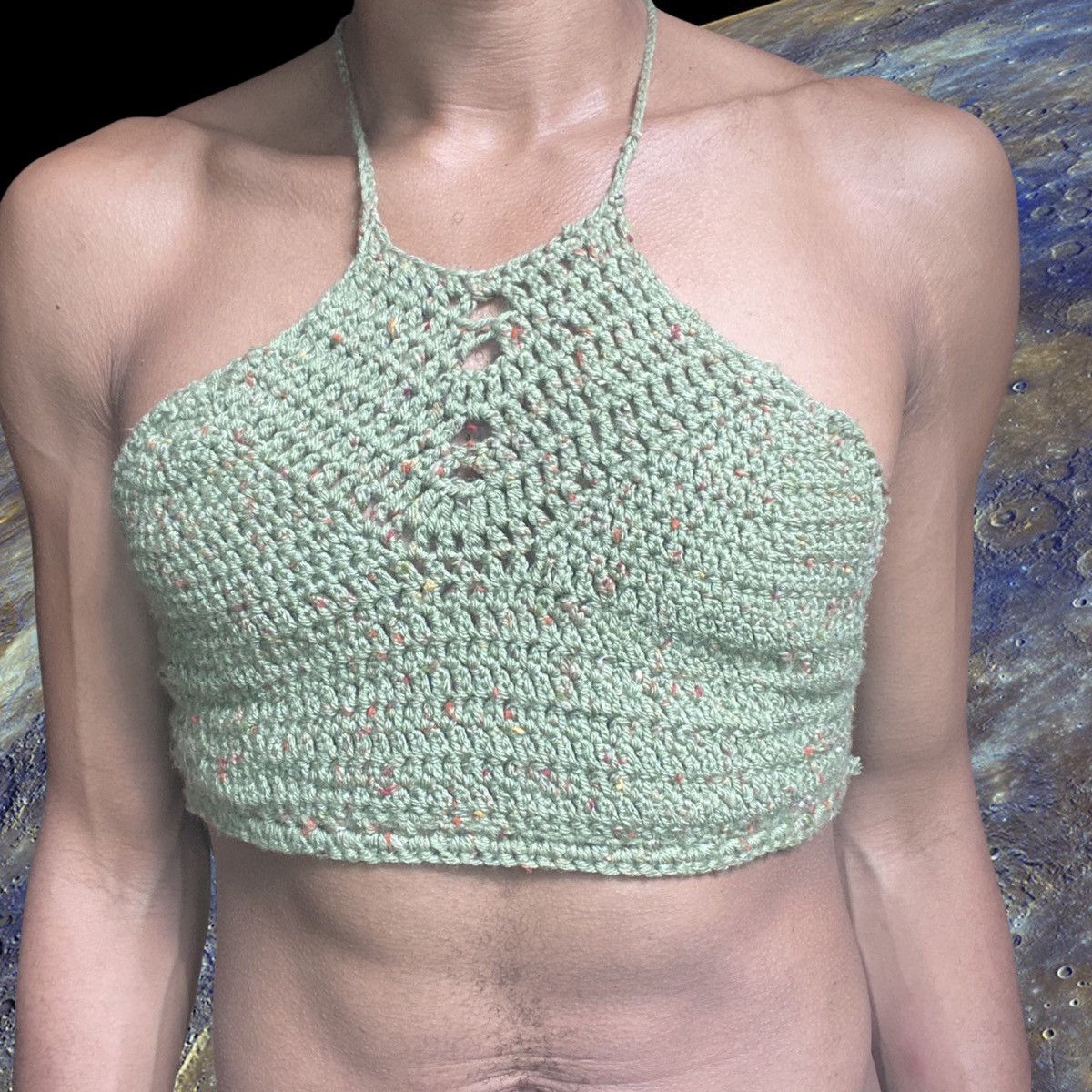Handmade HANDKNIT GREEN CROCHET HALTER TOP MEDIUM Size M / US 6-8 / IT 42-44 - 2 Thumbnail