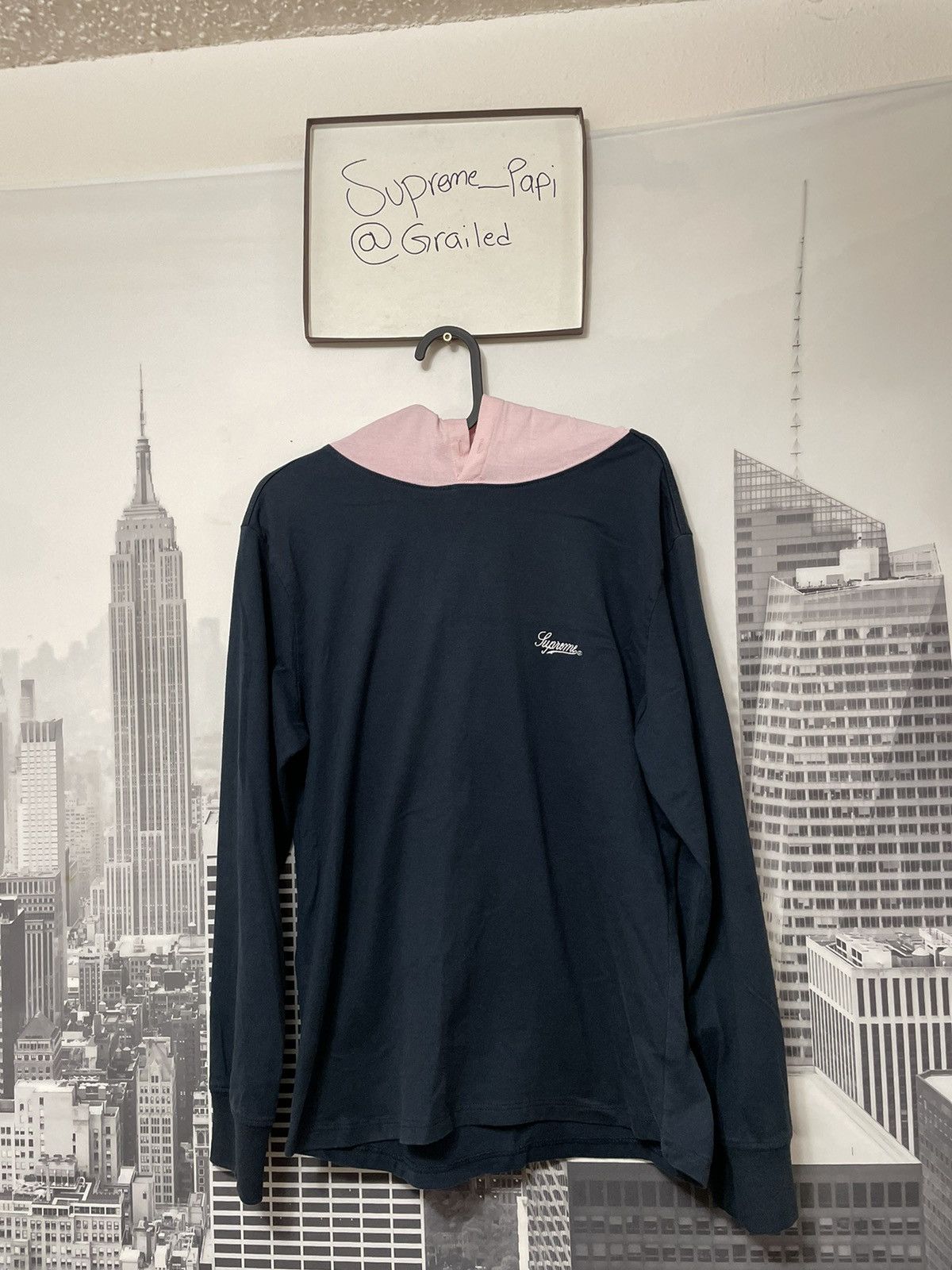 Supreme 💥Supreme Contrast Hooded L/S Top Navy SS17 SZ Medium