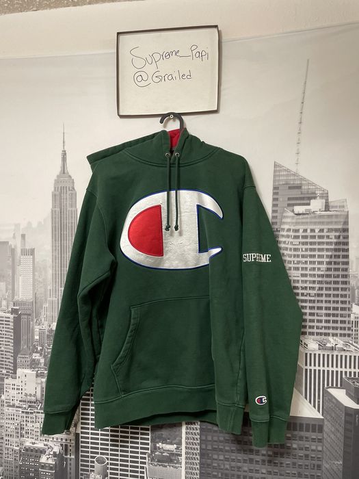 Supreme 🔥Supreme x Champion Satin Logo Hoodie SS17 Dark Green SZ