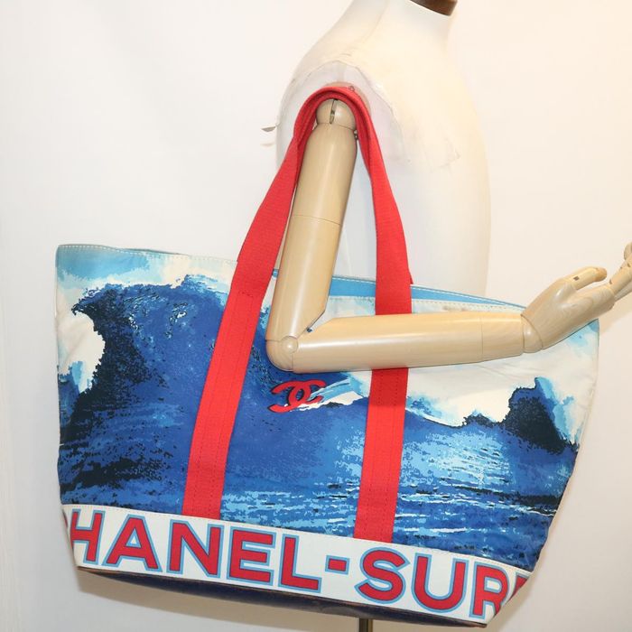 Chanel CHANEL Surf line Tote Bag Canvas Blue Red CC Auth yk4388A