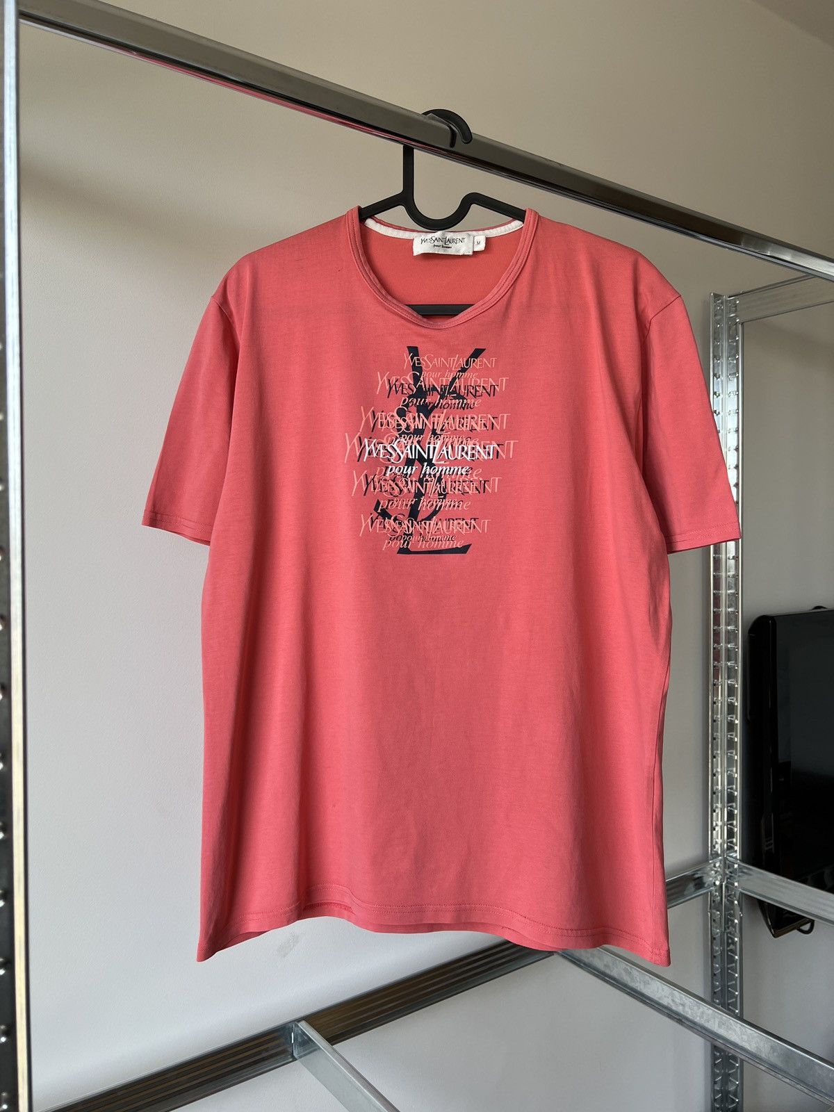 image of YVES Saint Laurent YSL Big Logo Vintage Tee Shirt in Rose, Men's (Size Medium)