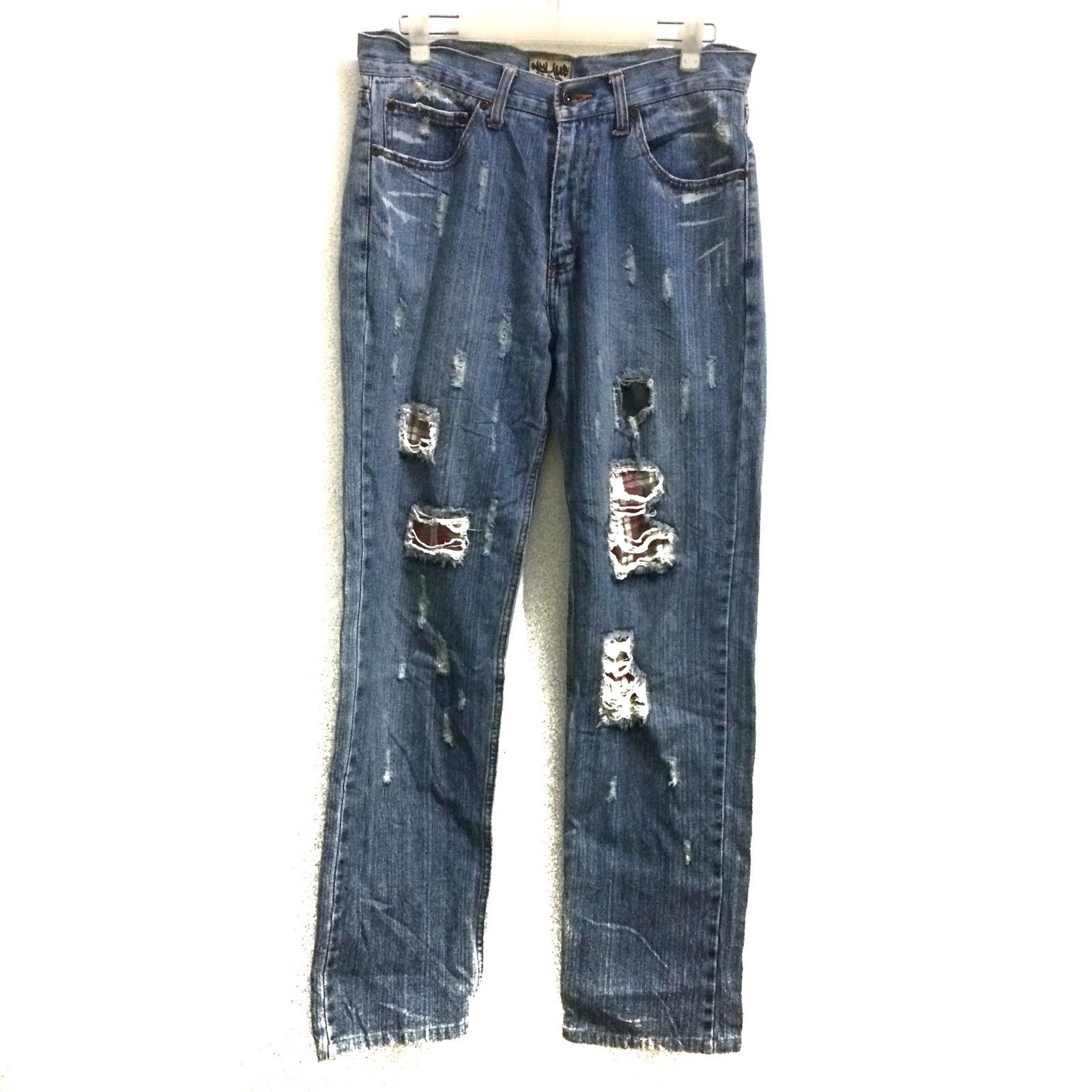 Designer Nylaus Jeans Distressed Patchwork Flare Jeans